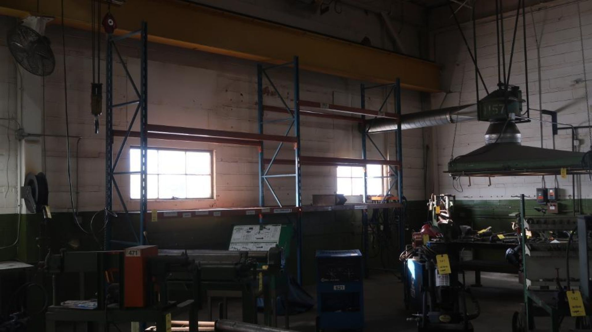 LOT: (2) Sections 36 in. x 108 in. x 12 ft. (est.) Pallet Rack, (5) Shelves, (1) Section 42 in. x