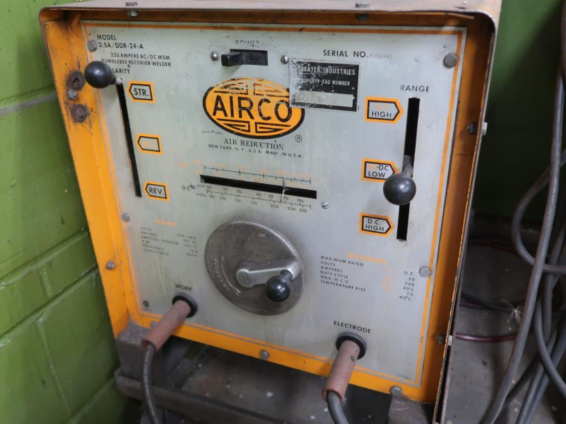 LOT: Airco 250 Amp Welder, Cables, TIG Torch, with 32 in. x 54 in. Heavy Duty Welding Table with - Image 2 of 2