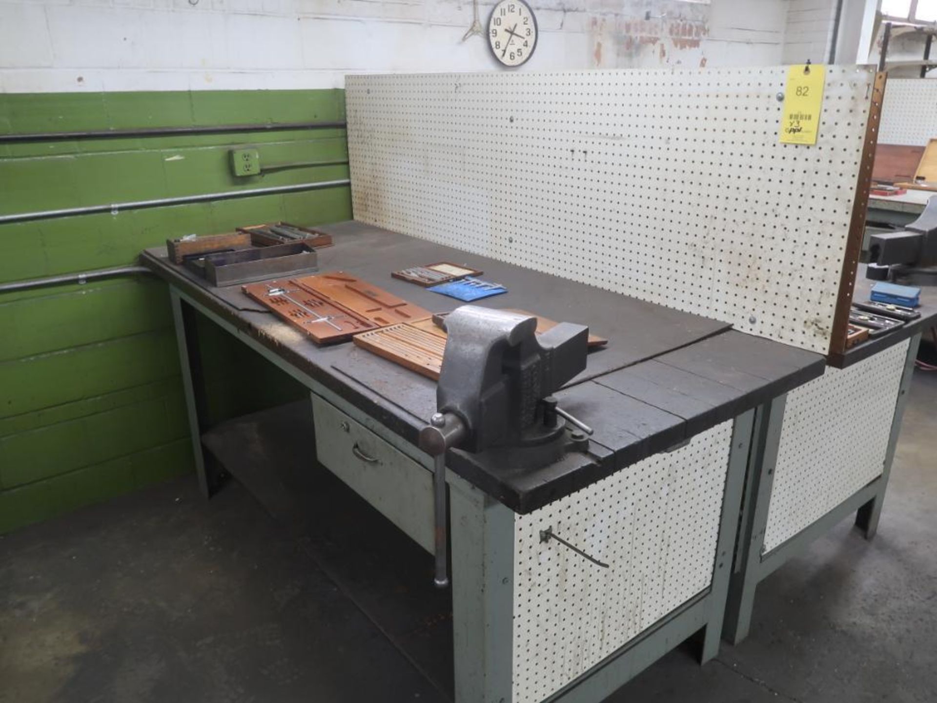 LOT: (3) 36 in. x 84 in. Steel Frame Wood Top Work Benches with 4-1/2 in. Vise, LOCATION: TOOL ROOM