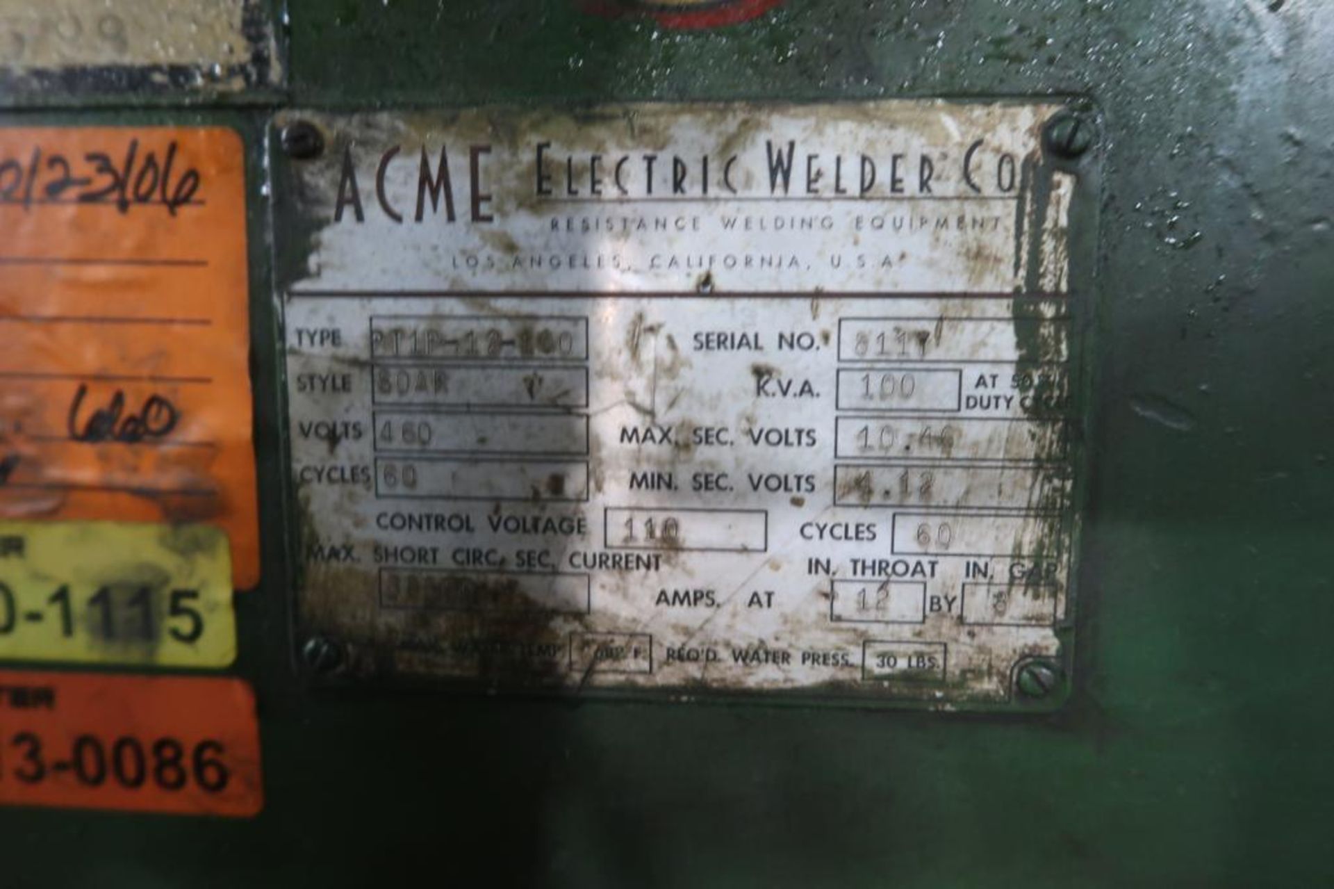 Acme 100 KVA Spot Welder Model PT1P-12-100, 12 in. Throat, LOCATION: MAIN PRESS FLOOR - Image 2 of 2