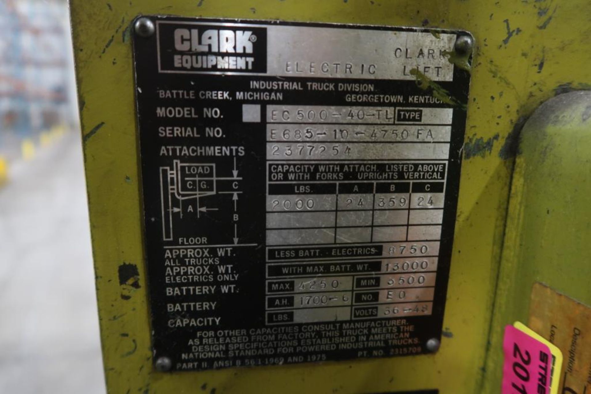 Clark 2000 lb. Electric Forklift Model FC500-40-TL, S/N E685-10-475-0FA, Tri-Loader Side Loading - Image 4 of 5