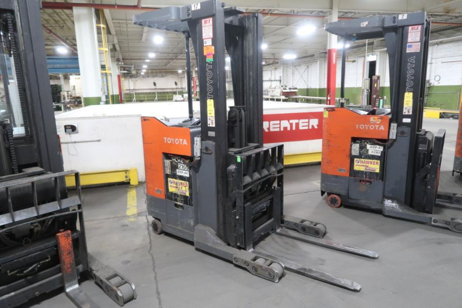 Toyota 4500 lb. Stand-up Reach Electric Forklift Model 6BR023, S/N 30554, 4184 hours, LOCATION: MAIN