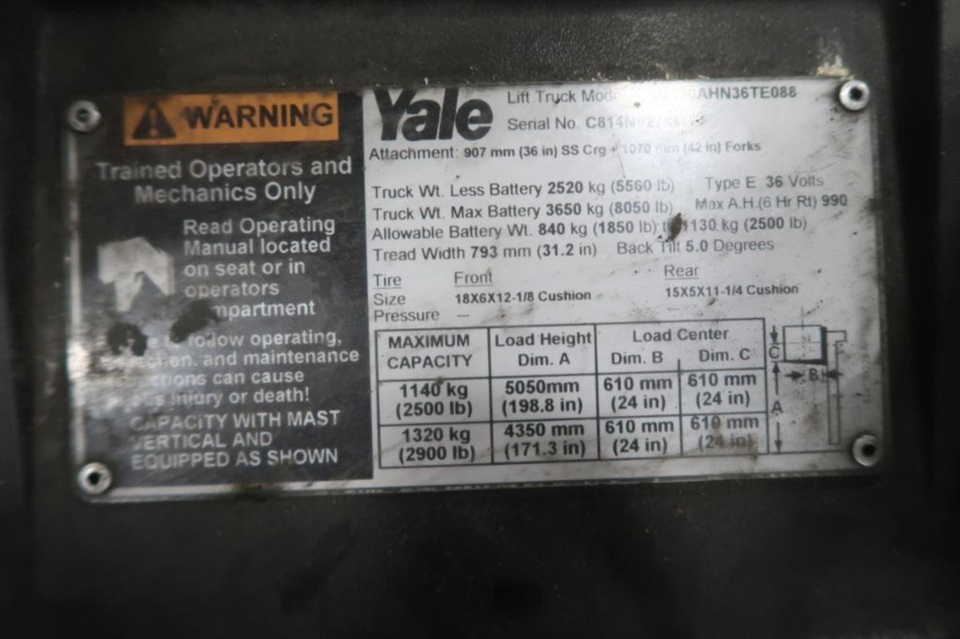 Yale 2900 lb. Electric Forklift Model ERC030AHN36TE088, S/N C814N02746G, 3-Stage Mast, Side Shift ( - Image 3 of 3