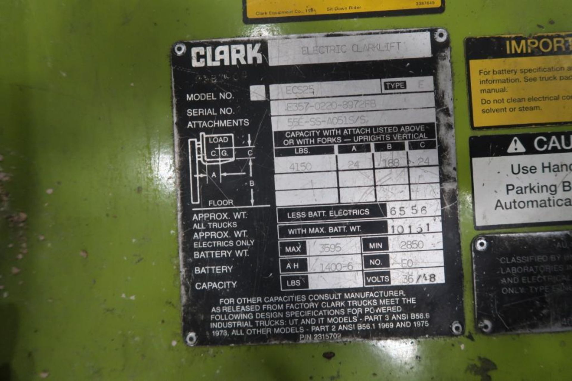 Clark 4150 lb. Electric Forklift Model ECS25, S/N E357-0220-8972FB, 3-Stage Mast, Side Shift, 6445 - Image 3 of 3