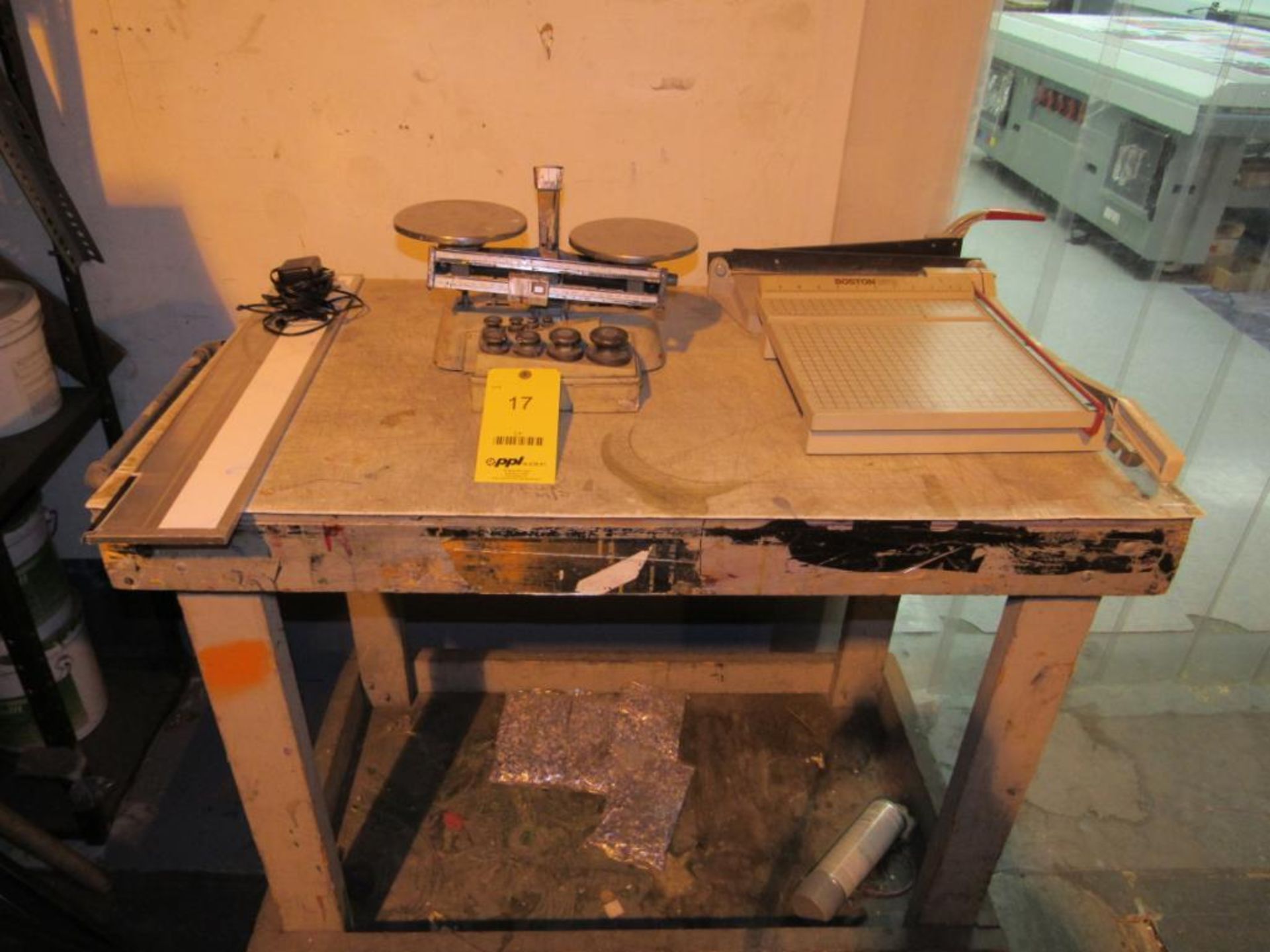 LOT: (1) Ohaus Table Top Balance Scale w/12 in. Paper Cutter and 24 in. x 42 in. Wooden Work Bench