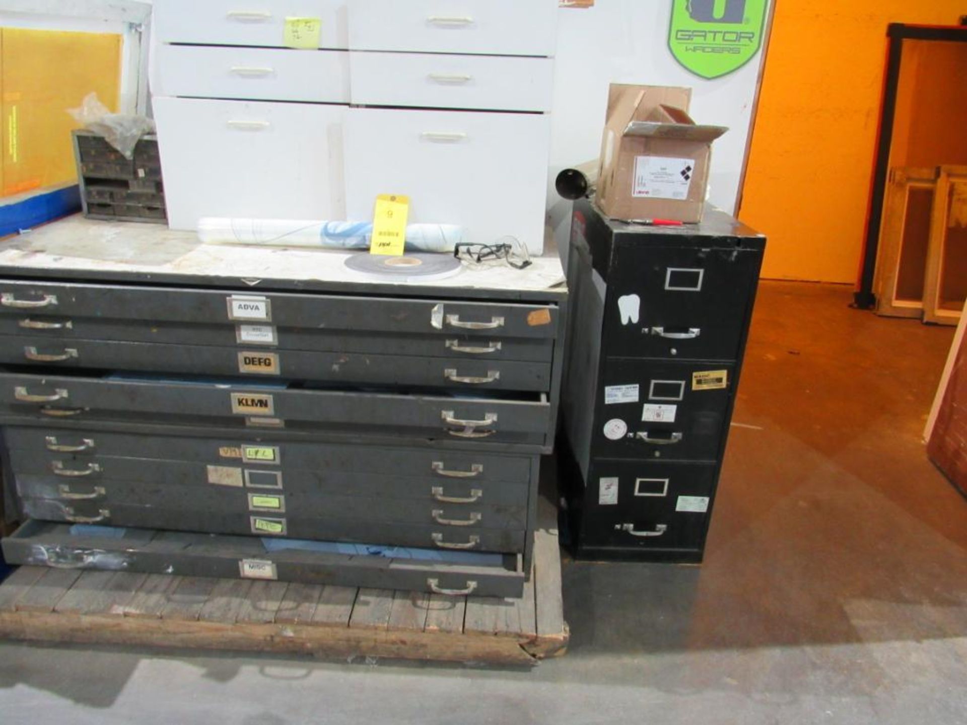 LOT: (2) 5-Drawer Blue Paint Cabinets, (1) 3-Drawer File Cabinet, (1) 6-Drawer Wooden Cabinet