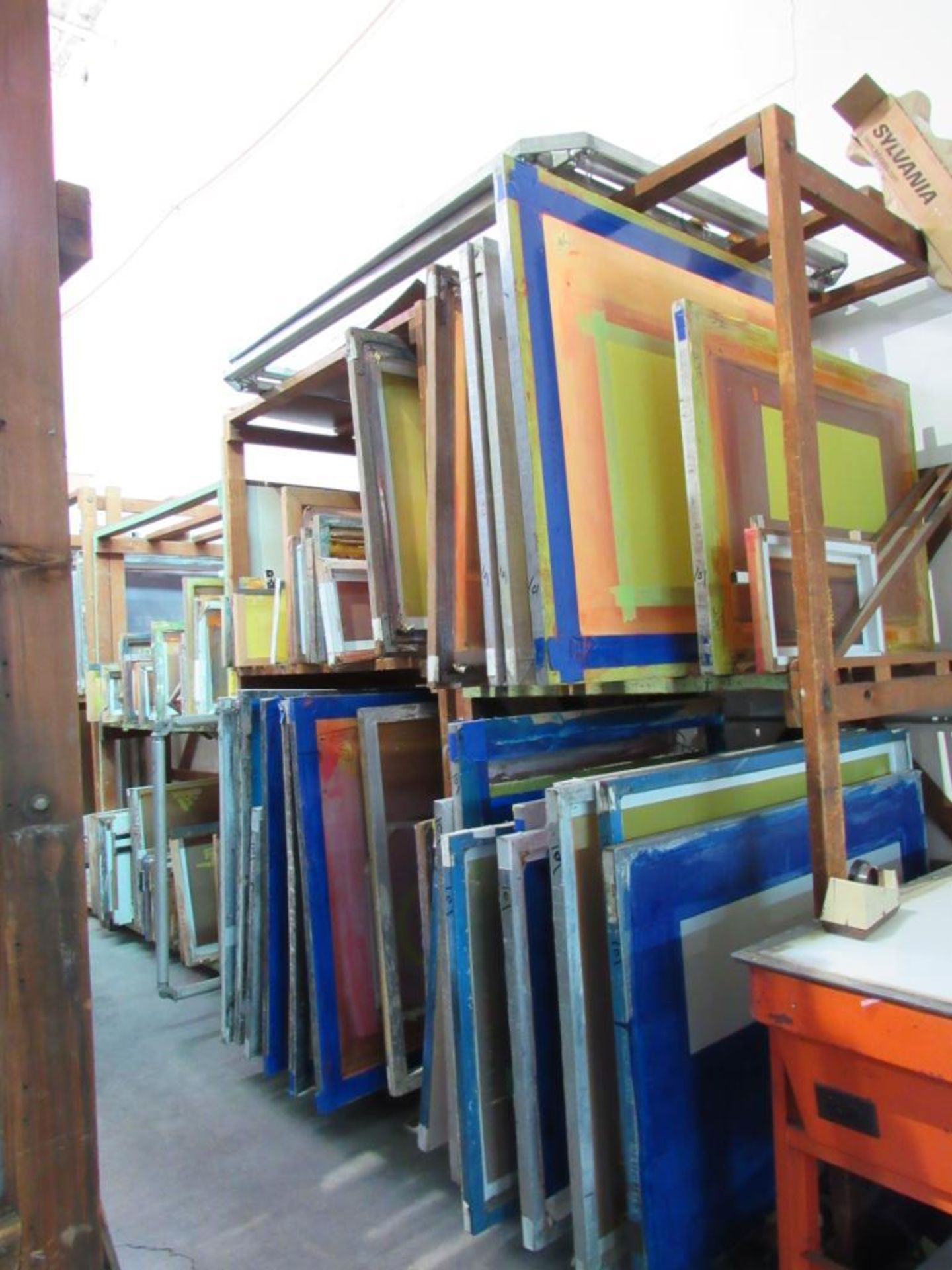 LOT: (25 approx.) Aluminum Screen Print Frames on (4) Shelves (MUST CUT OUT SCREEN BEFORE REMOVAL)