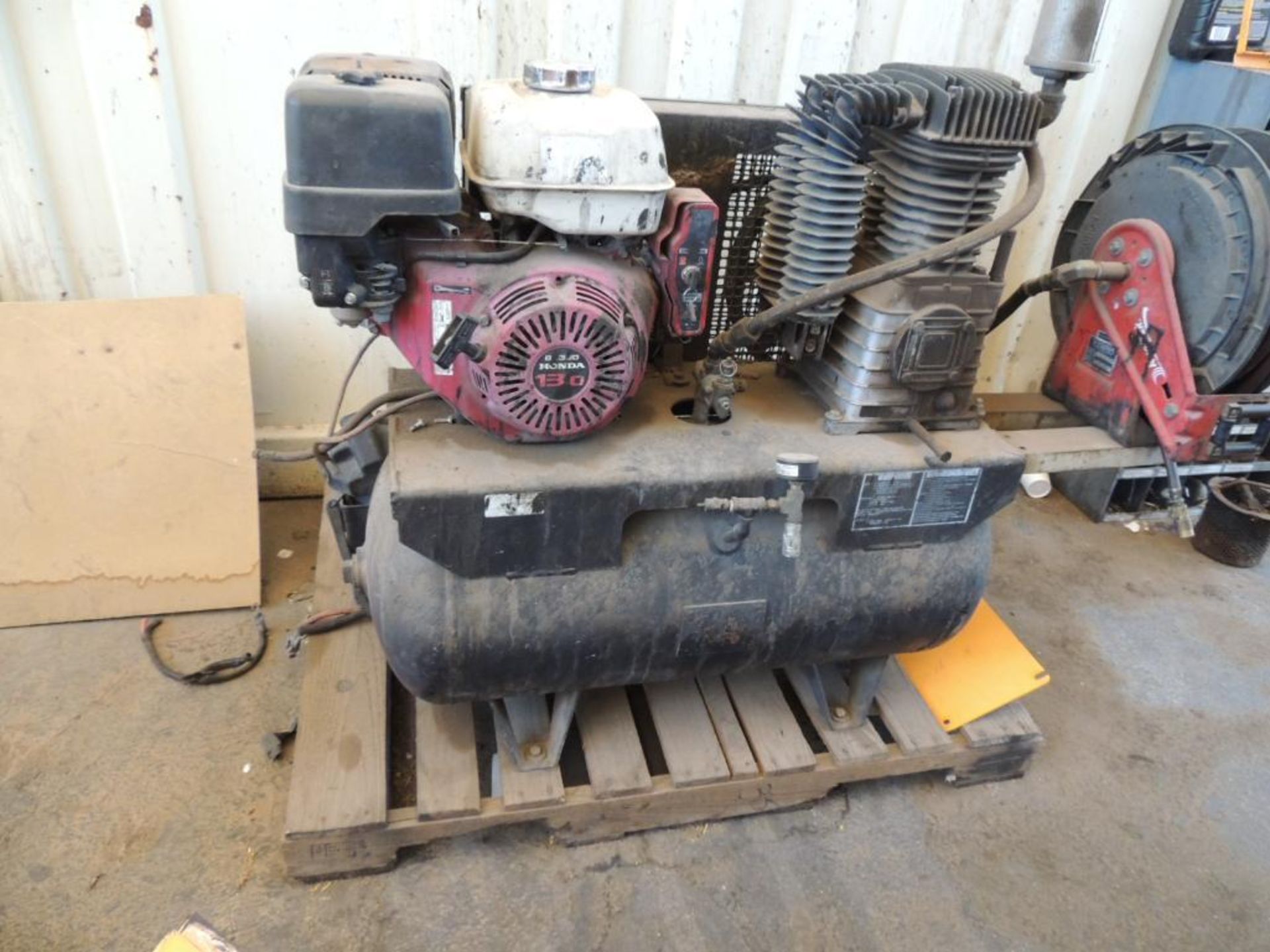 Horizontal Air Compressor, Honda 13 HP, Hose Reel, Mtd. On Pallet (Yard 1), LOCATION: 2435 S. 6th