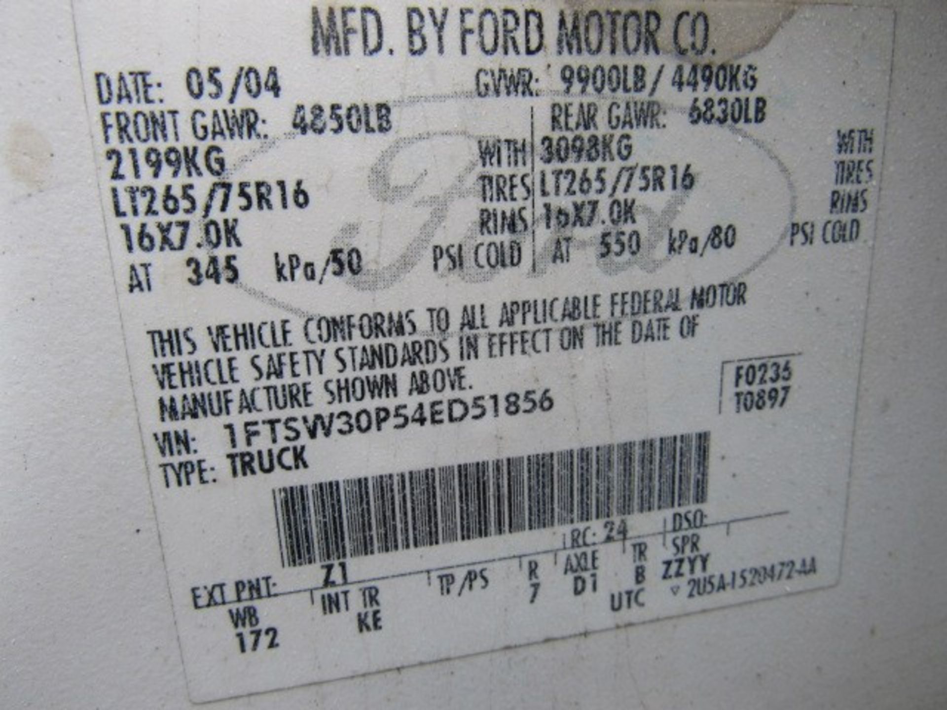 2004 Ford F350 11 ft. Flatbed XL Superduty 4 x 2, VIN # 1FTSW30P54ED51856, Crew Cab, Gooseneck - Image 7 of 7