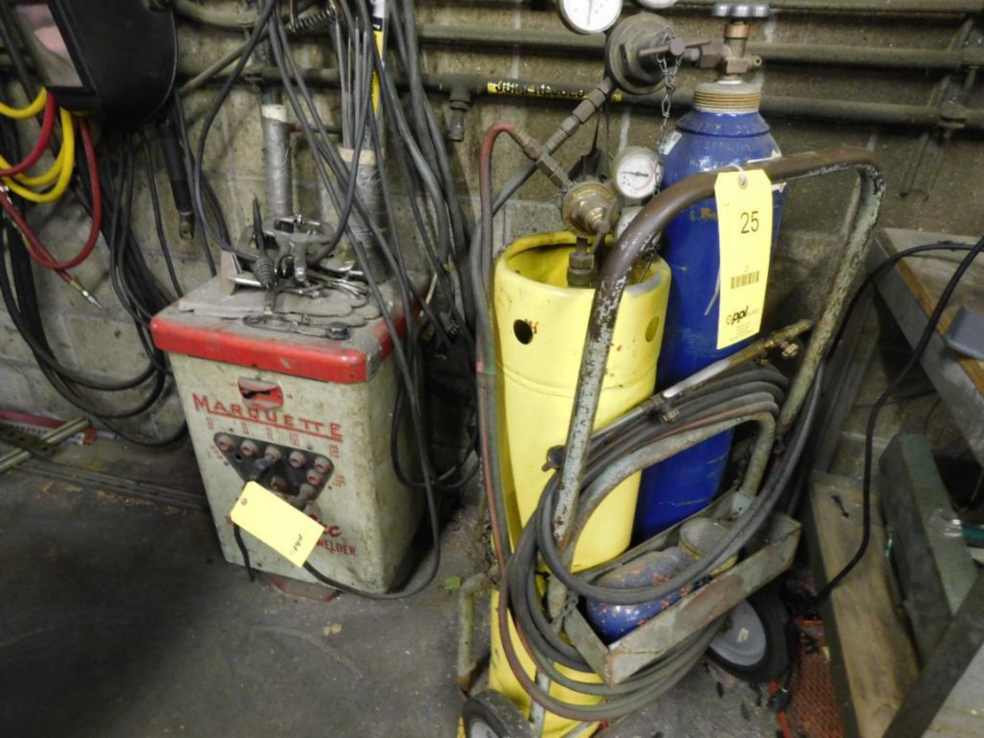 LOT: Torch Cart with Bottles, Gauges, Hose & Torch and Marquette 180 Amp Arc Welder (LOCATION: 520