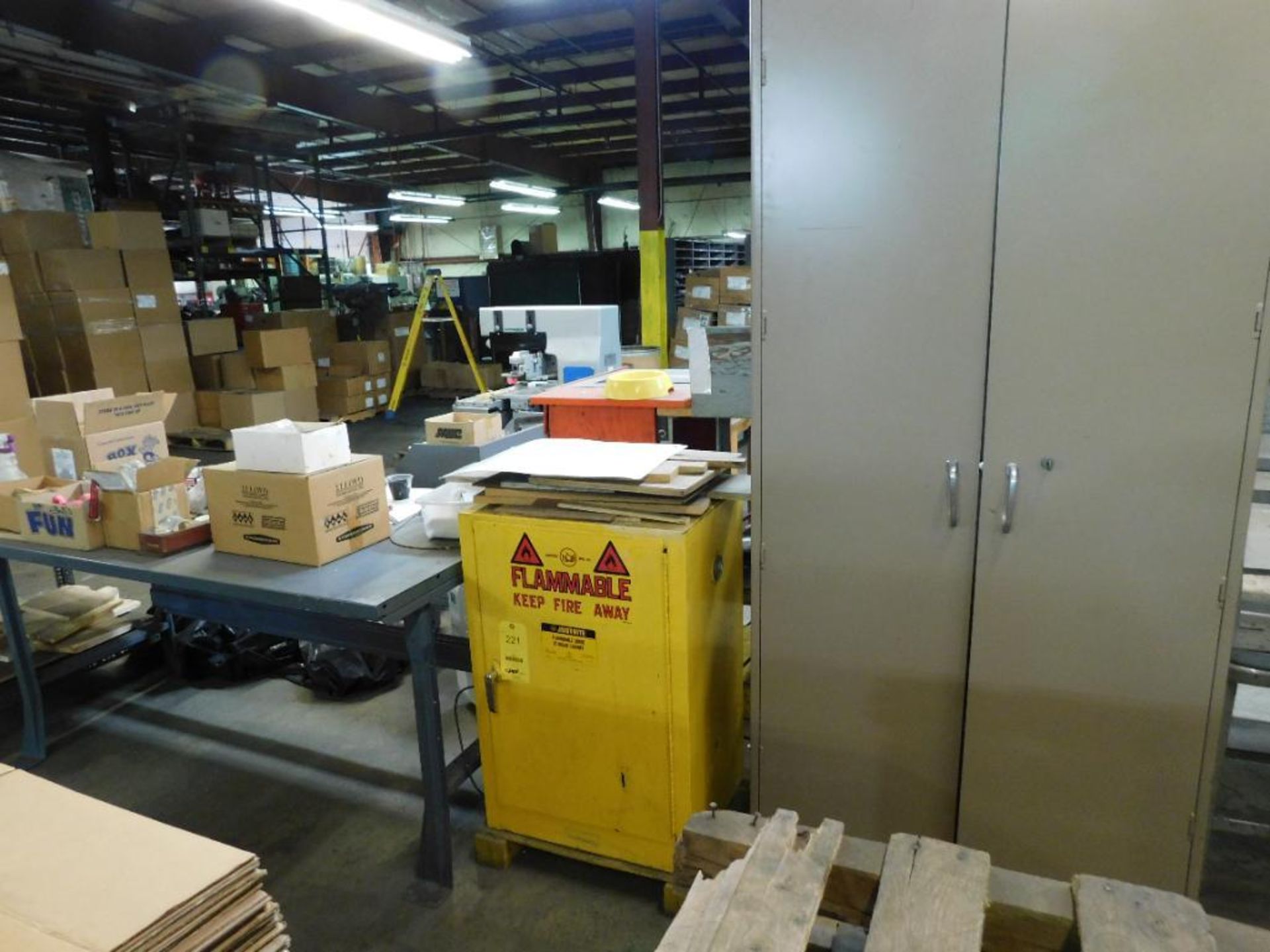 LOT: Justrite 12 Gallon Flammable Liquid Storage Cabinet with 6 ft. Steel Work Bench & Storage