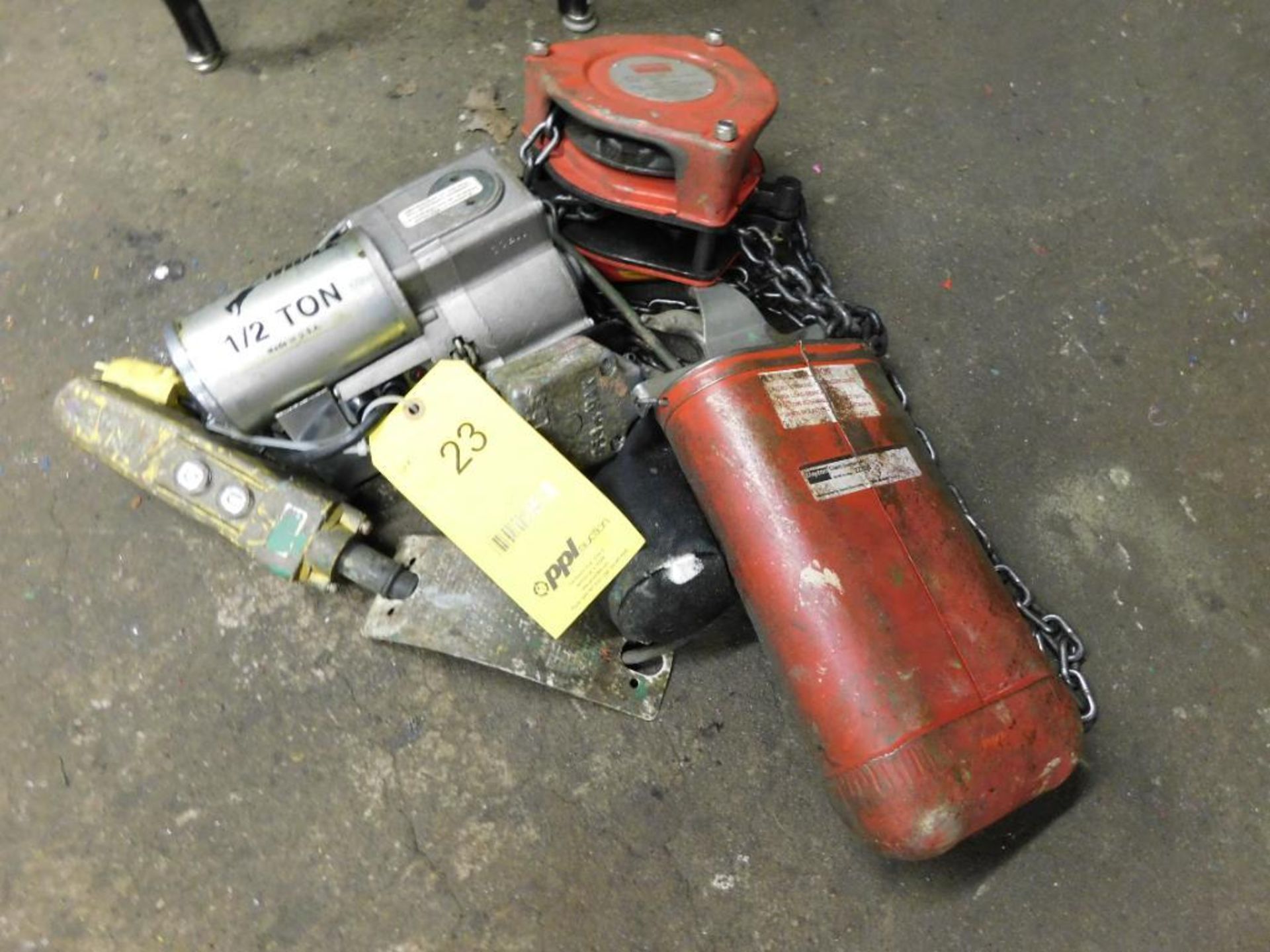 LOT: Dayton 1 Ton Chain Hoist, 1/2 Ton Electric Chain Hoist with Pendant Control (LOCATION: 520