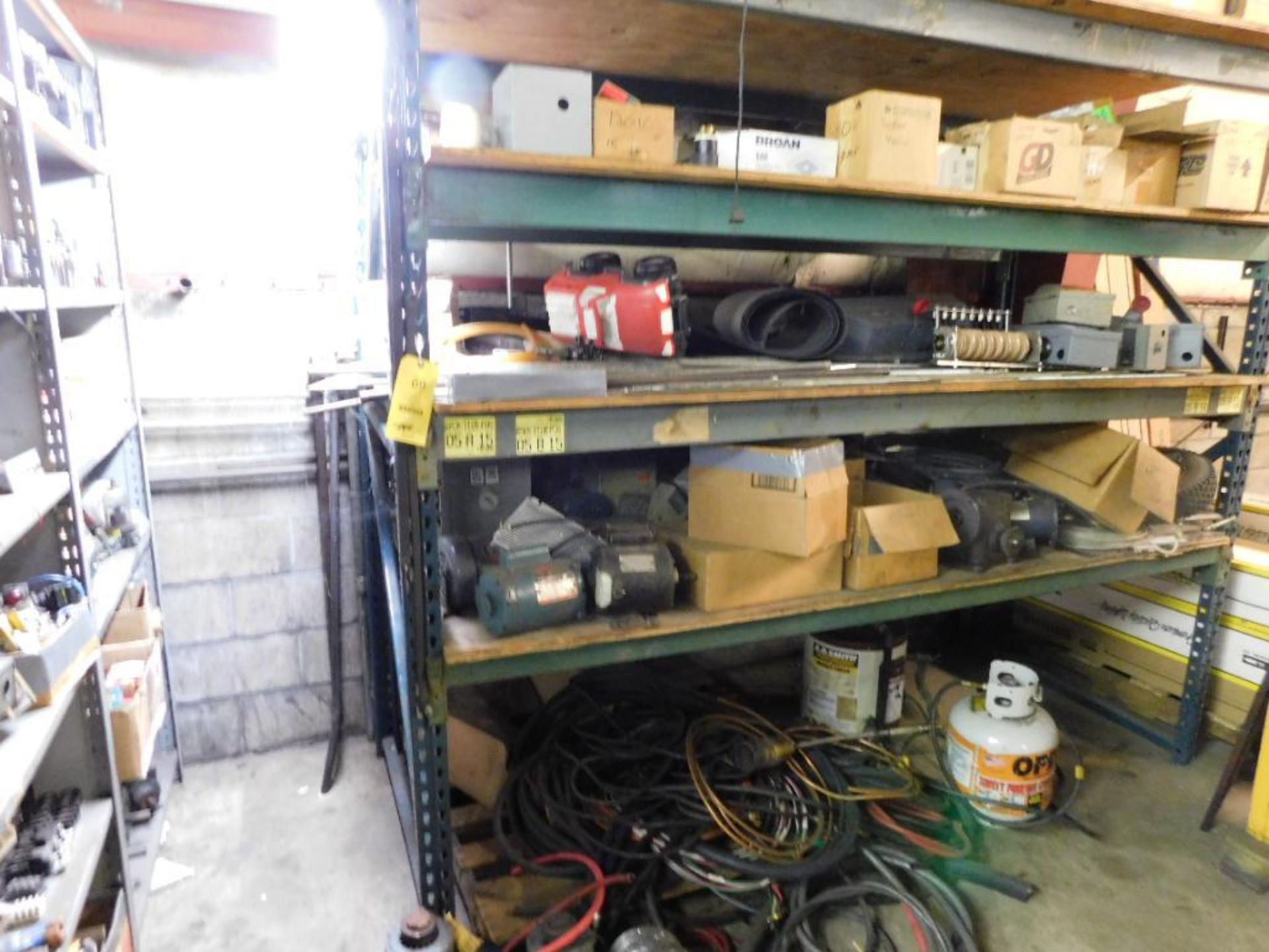 LOT: Assorted Rack & Shelving with Contents of Building Supplies, Machinery Parts & Electrical