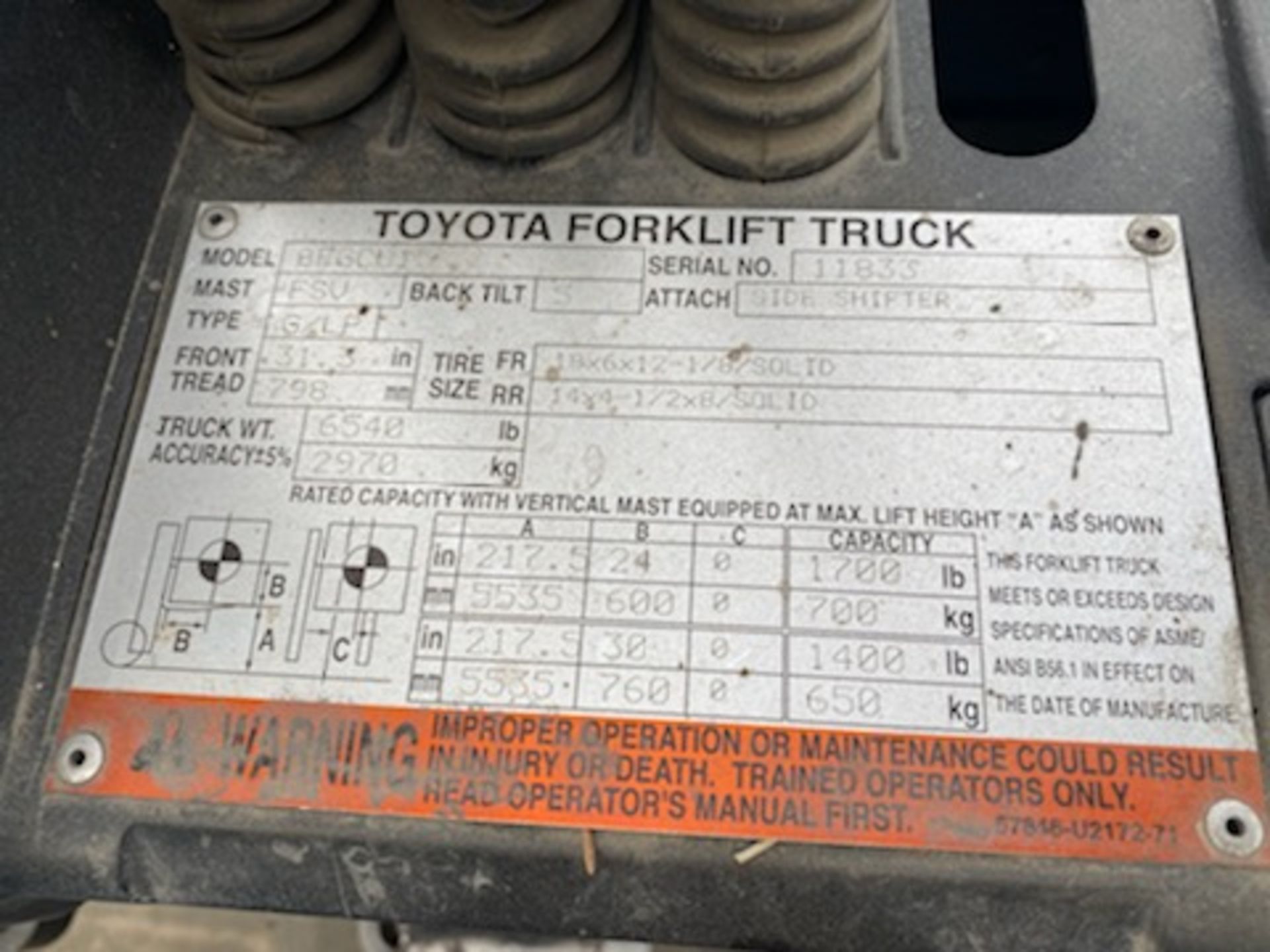 Toyota 4500 lb. LP Forklift #8FGCU15, SN:11833 (DELAYED REMOVAL 9/30/21). - Image 6 of 6