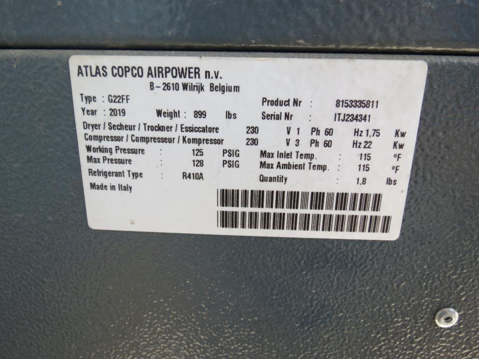 Atlas Copco Air Compressor, G 22-125 FF TRI-V/60 FM, SN: ITJ234341 - Image 2 of 2