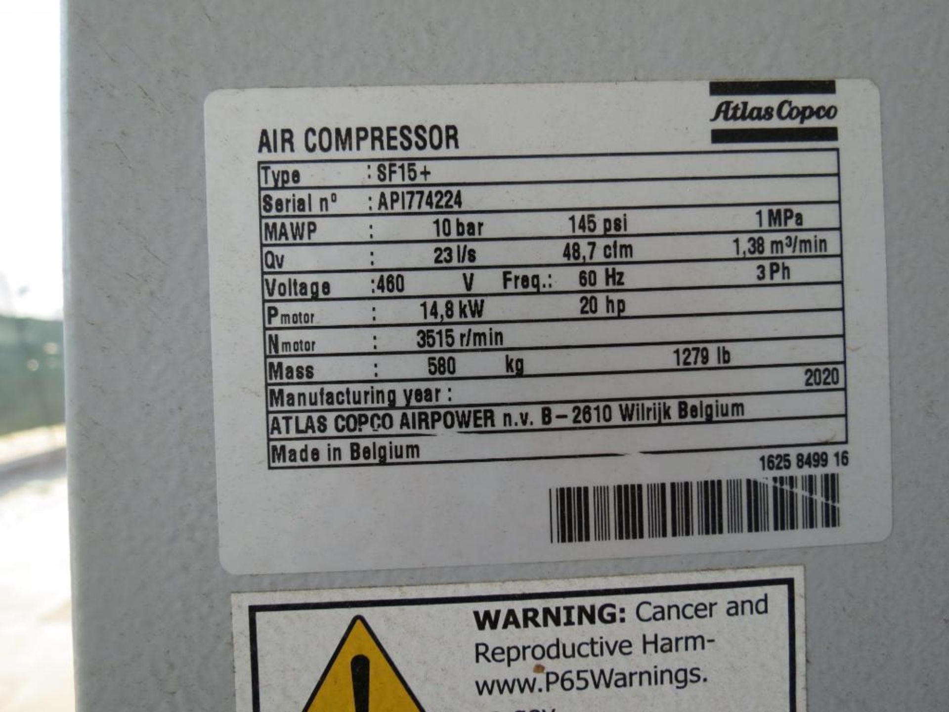Atlas Copco Air Compressor #SF 15+ 145 P HC 460 V 60 API, SN: API774224 - Image 3 of 4