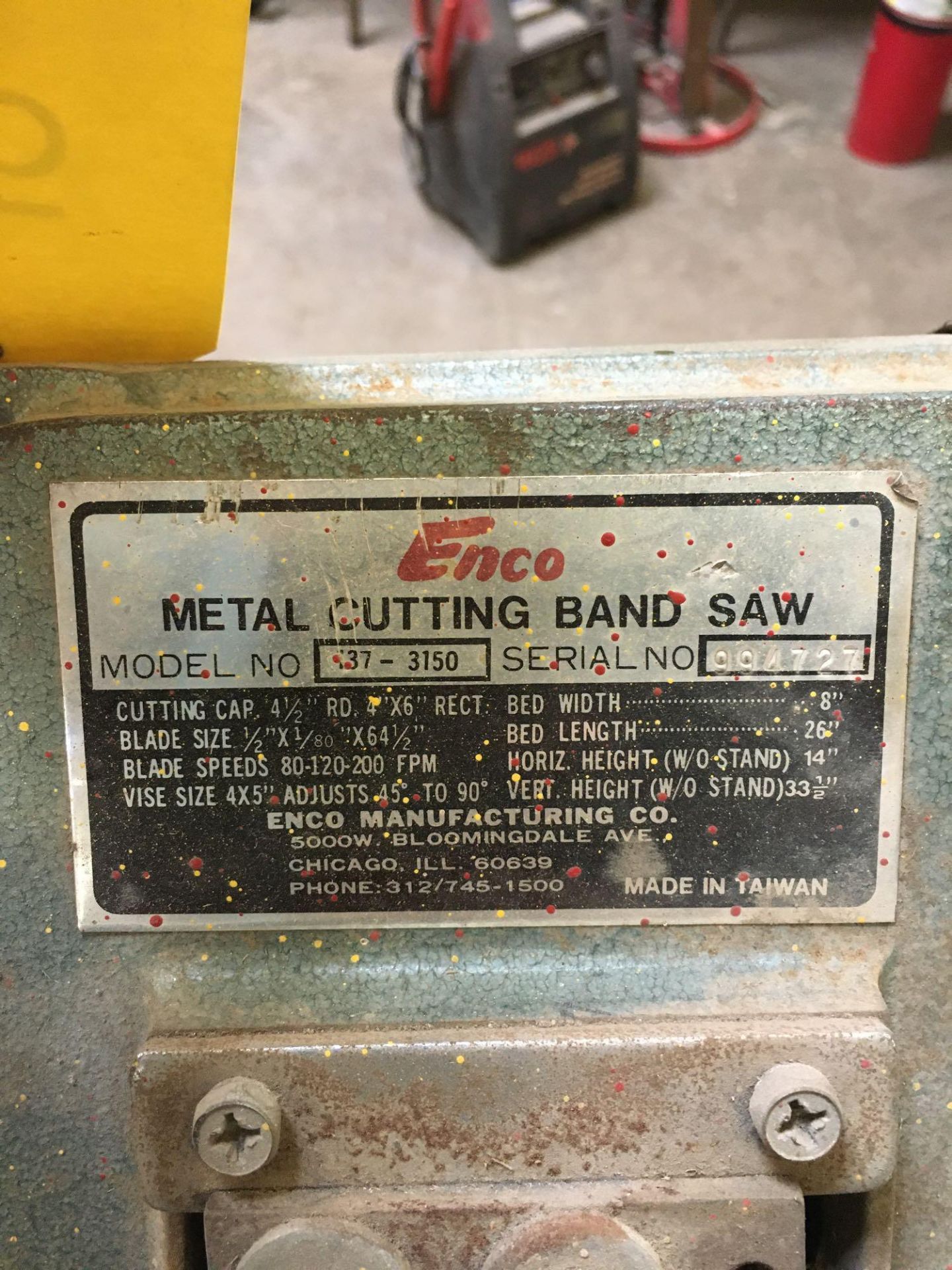 Enco 137-3150 Metal Cutting Horizontal Band Saw, S/N 994727 - Image 3 of 3