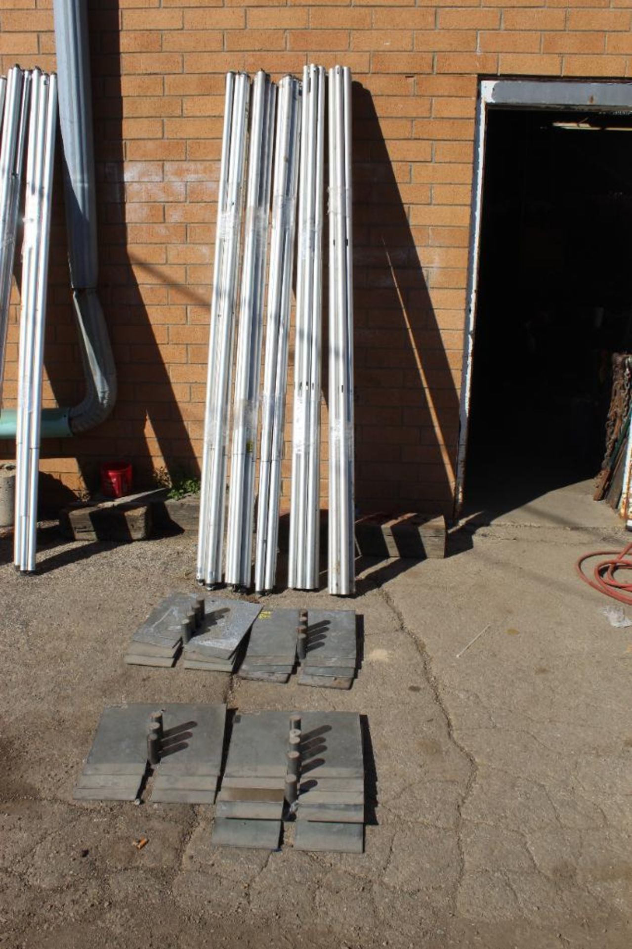 LOT: Pipe and Drape Pipes (13) 8 ft. Uprights, (15) Baseplates, (18) 6-10 ft. Cross Bars
