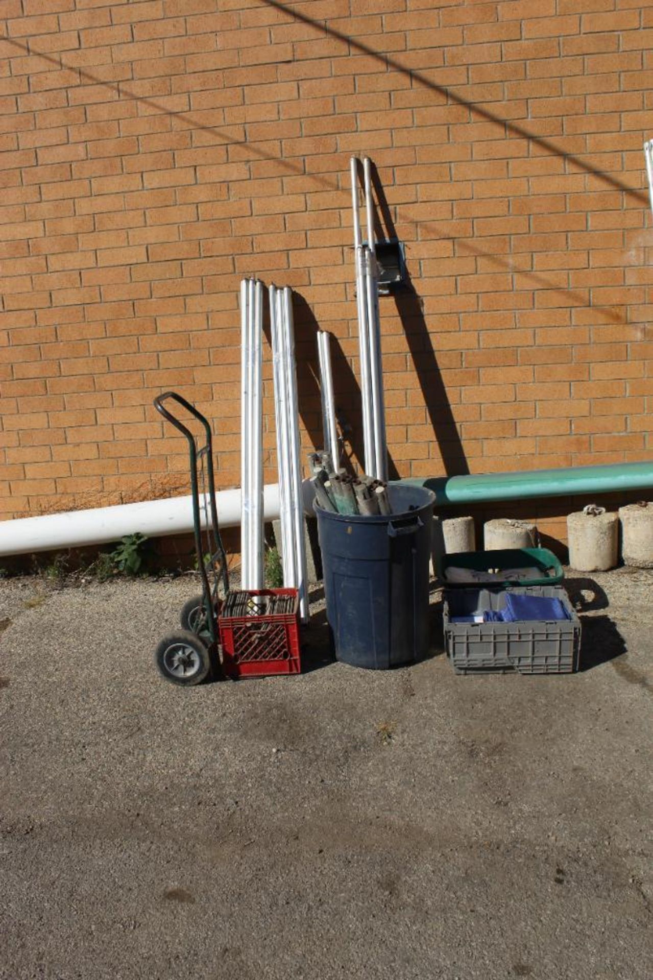 LOT: Pipe and Drape Pipes (23) 3 ft. Uprights, (19) Baseplates, (17) 6-10 ft. Cross Bars, (2) 3-6 Ft