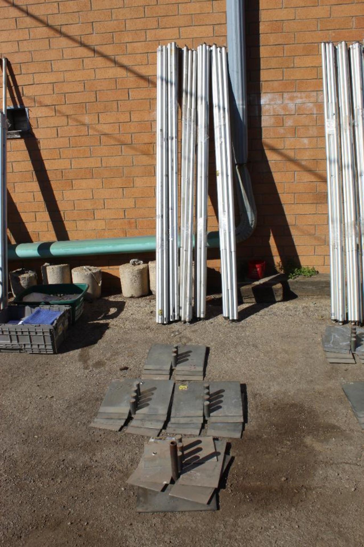 LOT: Pipe and Drape Pipes (12) 8 ft. Uprights, (15) Baseplates, (18) 6-10 ft. Cross Bars