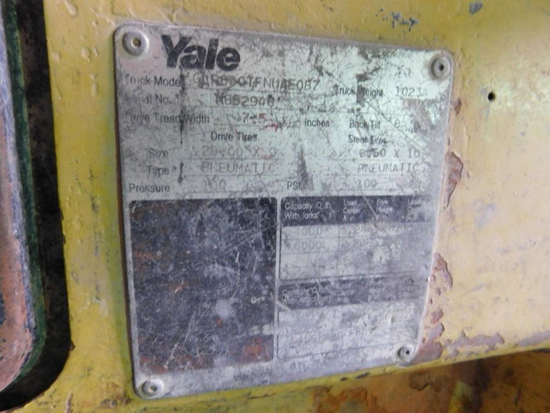 Yale 6000 lb. Gas Forklift Model G1R__OTFNUAE087, S/N N852948, Cushion Tires, Overhead Guard, 3-Stag - Image 7 of 7