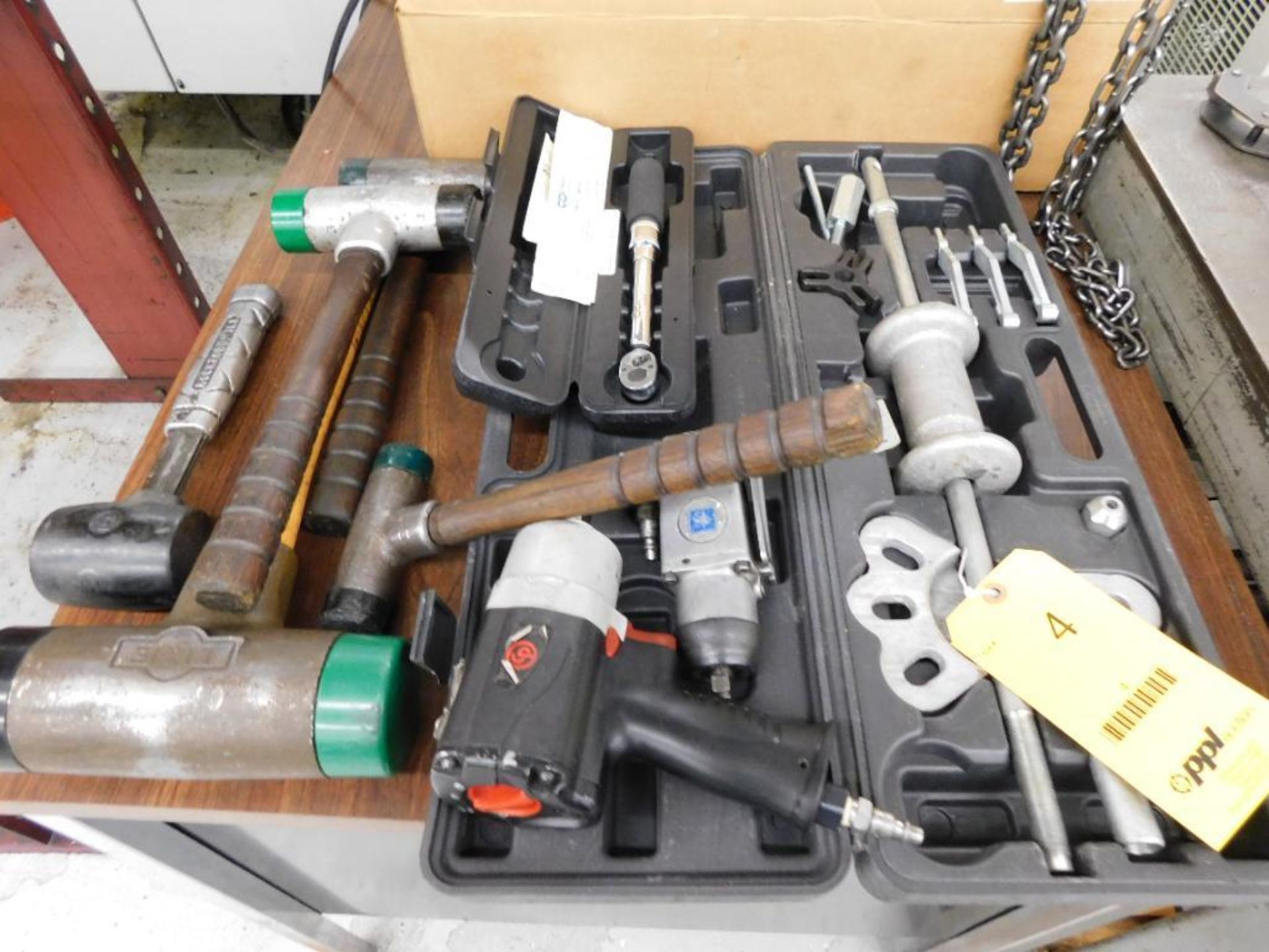 LOT: CDI Torque Wrench, Slide Hammer Mallets, 1/2 in. Pneumatic Impact Wrench, 3/8 in. Butterfly Wre