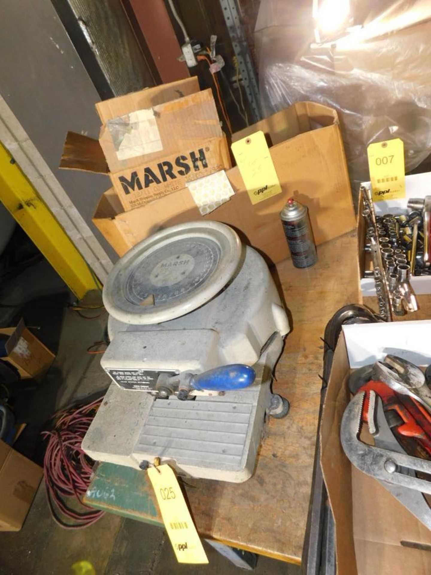 LOT: Marsh 1/2 in. Model H 38570 Stencil Machine, with (13) Cans of White Spray Stencil Ink, Stencil