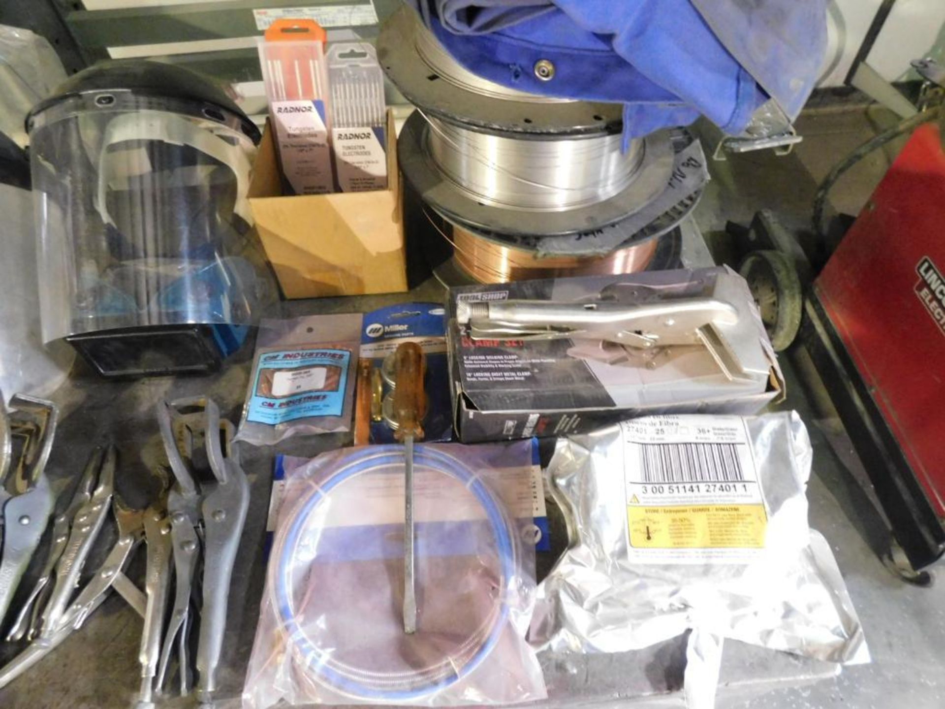 LOT: Contents of Cart including Welding Supplies & Gear, (3) Rolls of Welding Wire, Clamps, Face Shi - Image 3 of 5