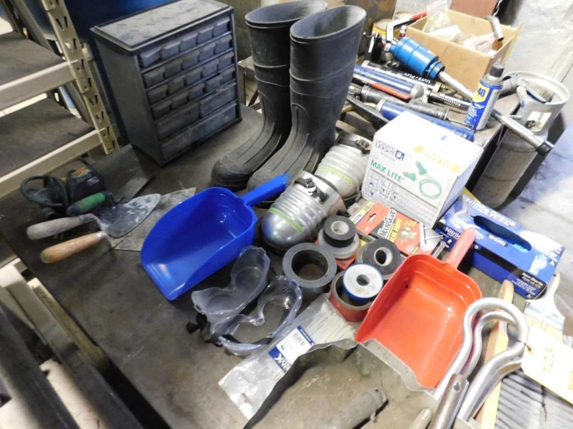LOT: Contents of Cart including Assorted Tapes, Boots, Tarps, Goggles, Gloves, Pump, Dust Pans, Brus - Image 2 of 3