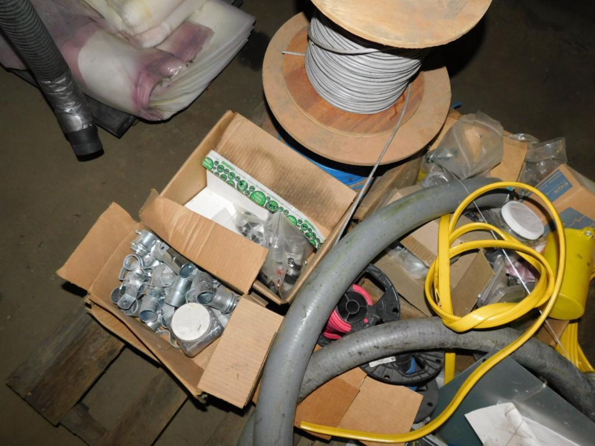 LOT: Assorted Electrical Hardware, Wire Spools, Hydraulic Lift Leveler, Fuses, Pipes, etc. on (2) Pa - Image 5 of 5