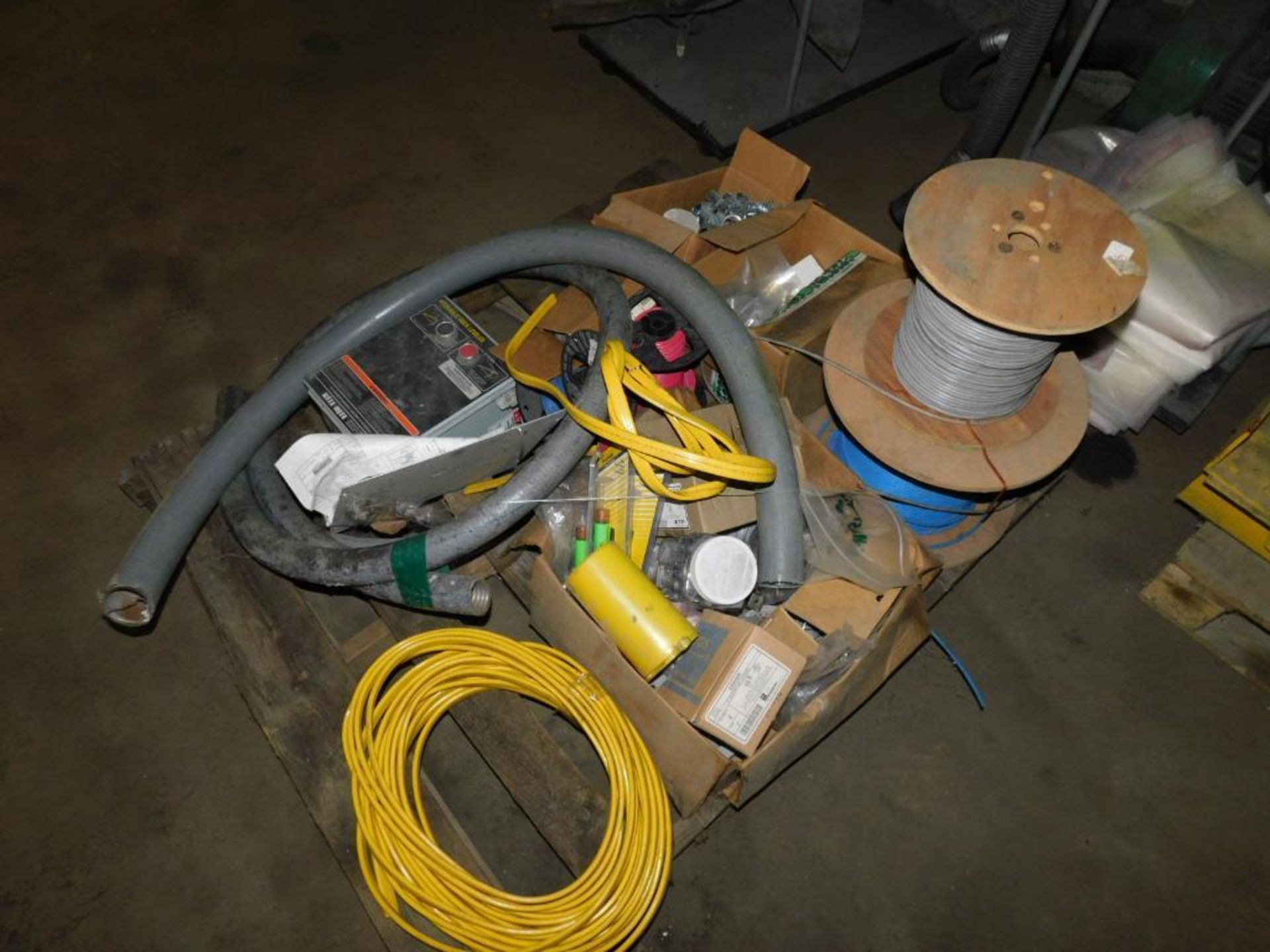 LOT: Assorted Electrical Hardware, Wire Spools, Hydraulic Lift Leveler, Fuses, Pipes, etc. on (2) Pa