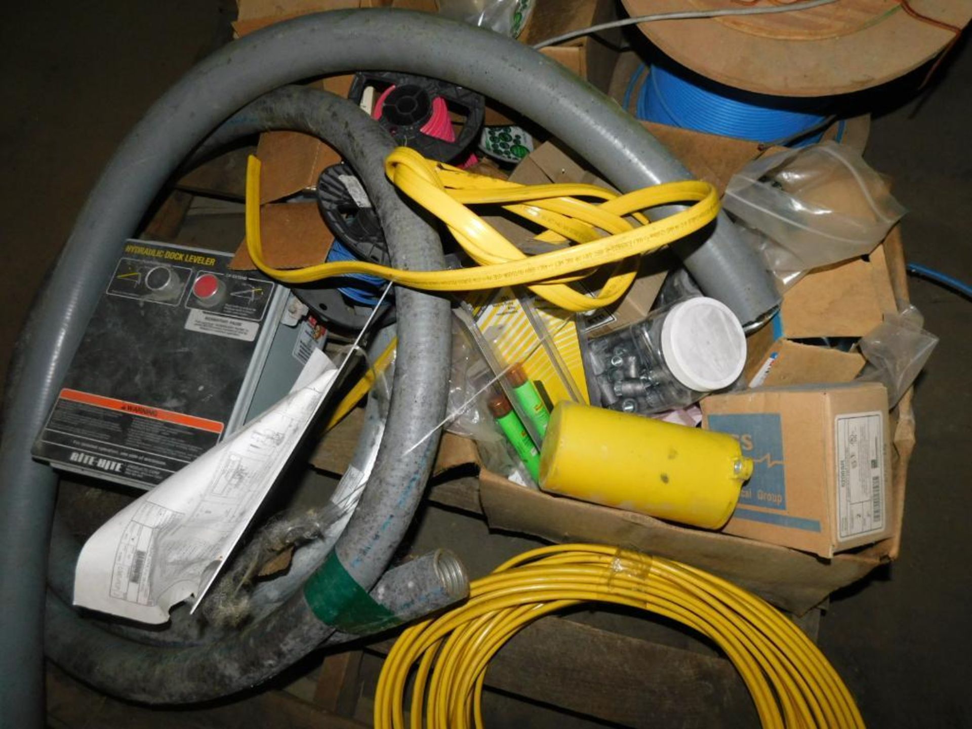 LOT: Assorted Electrical Hardware, Wire Spools, Hydraulic Lift Leveler, Fuses, Pipes, etc. on (2) Pa - Image 4 of 5