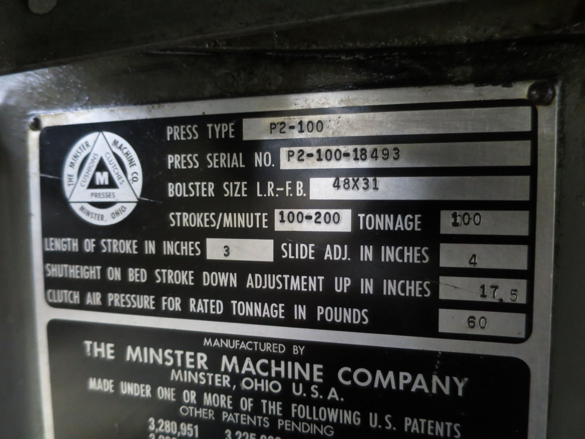 Minster 100 Ton Piece-Maker Variable Speed Stamping Press Model P2-100-48, Sn P2-100-18493 48 x 31 - Image 5 of 7