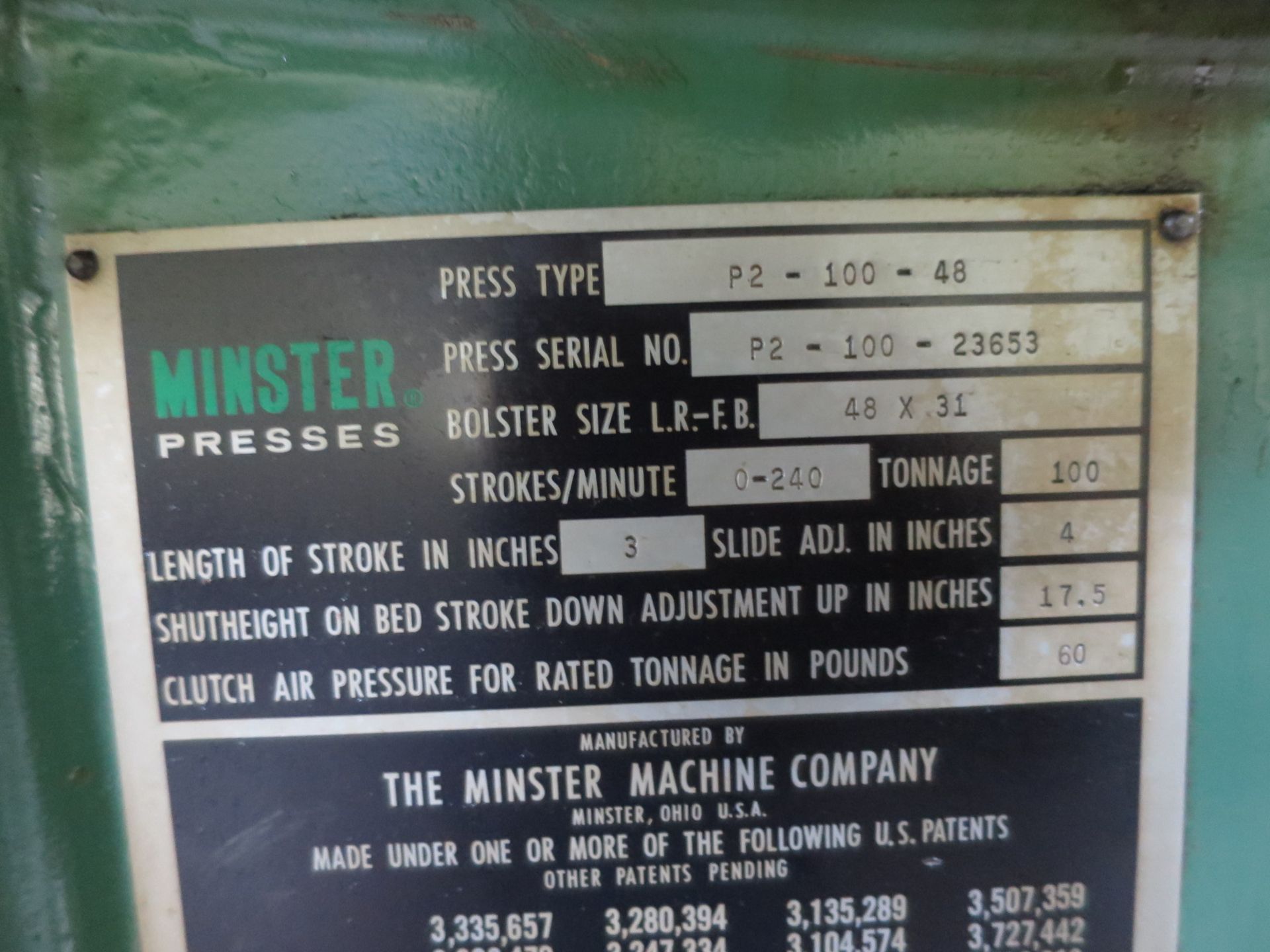 Minster 100 Ton Piece-Maker Variable Speed Stamping Press Model P2-100-48, Sn P2-100-23653 48" x 31" - Image 5 of 7