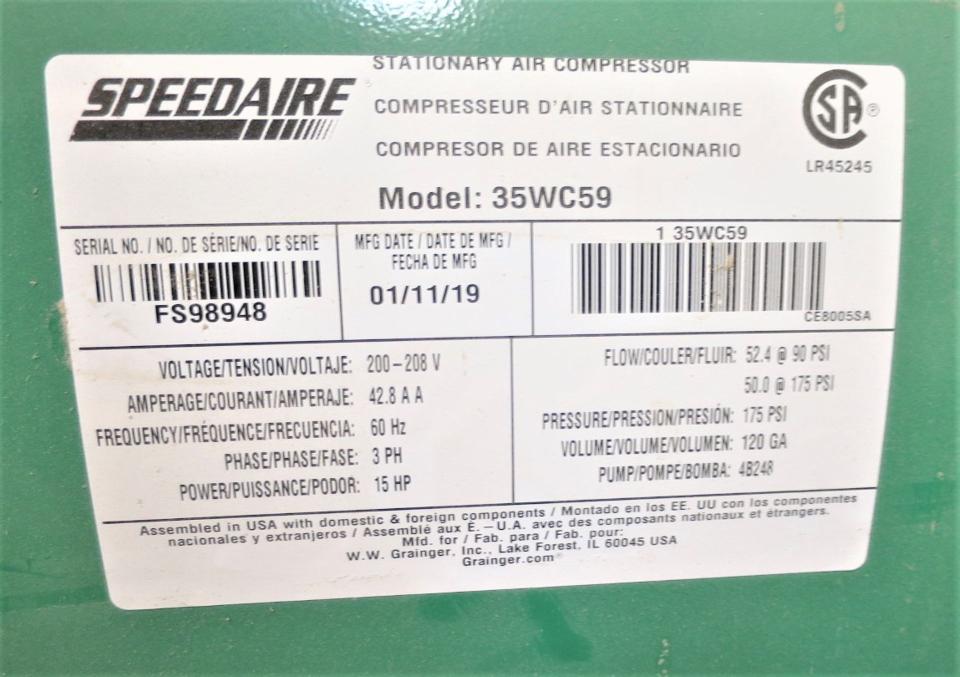 2019 Speedaire 35WC59 15hp Air Compressor - Image 2 of 2