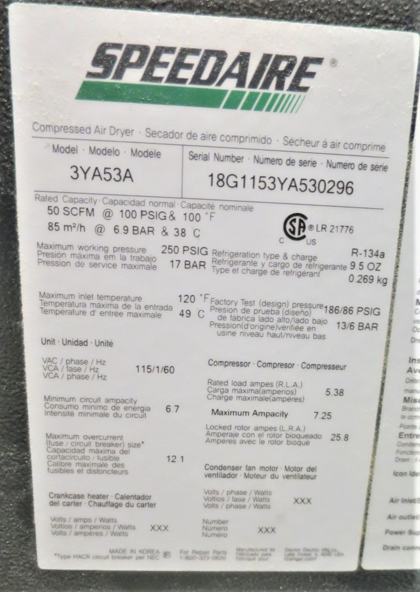 2019 Speedaire Model 3YA53A Air Dryer, SN 18G1153YA530296 - Image 2 of 2