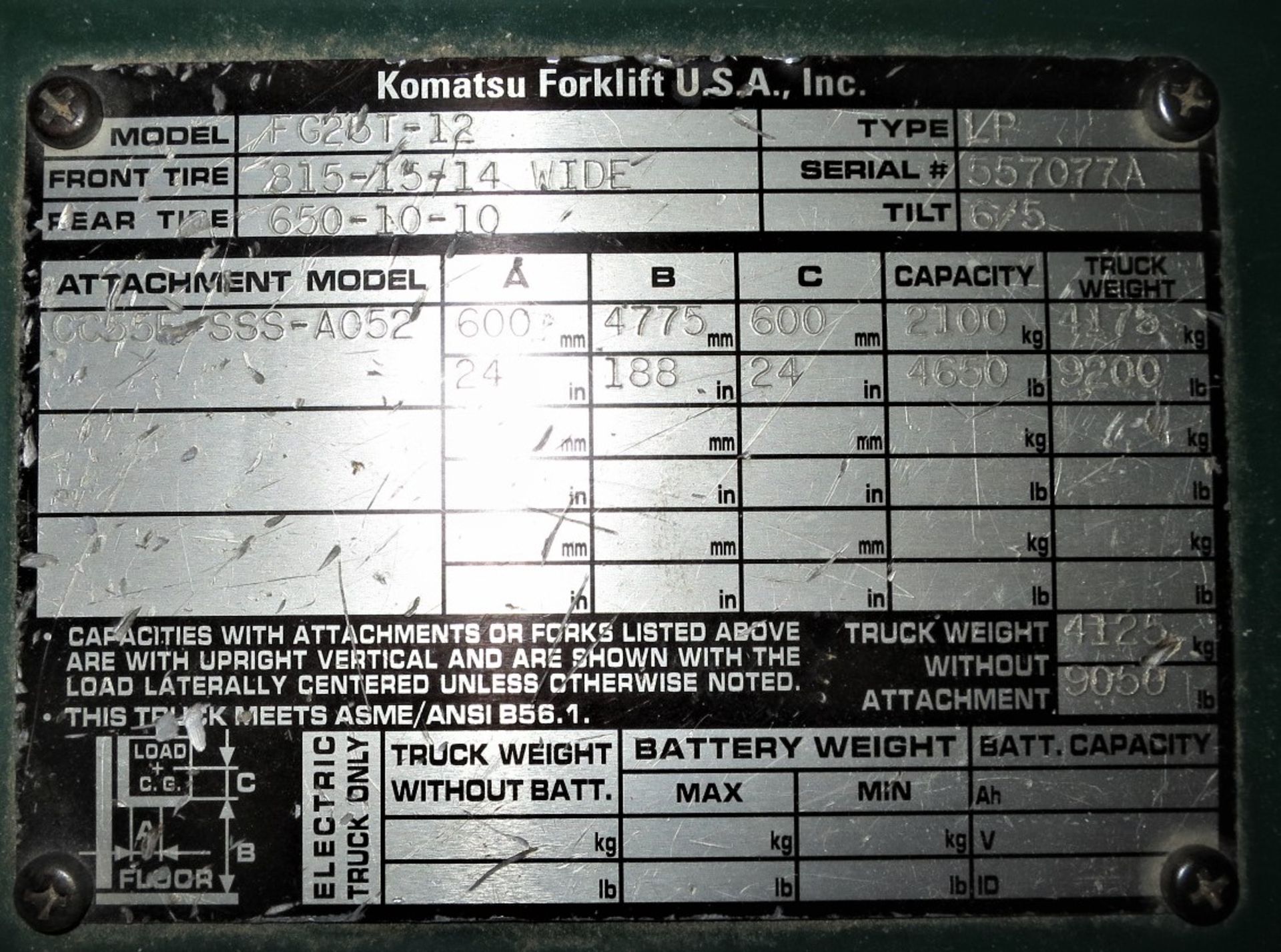 Komatsu LP Fork Lift, 5000lb capacity, 188" height, model FG25T-12, SN 557077A, Tank Included - Image 3 of 6