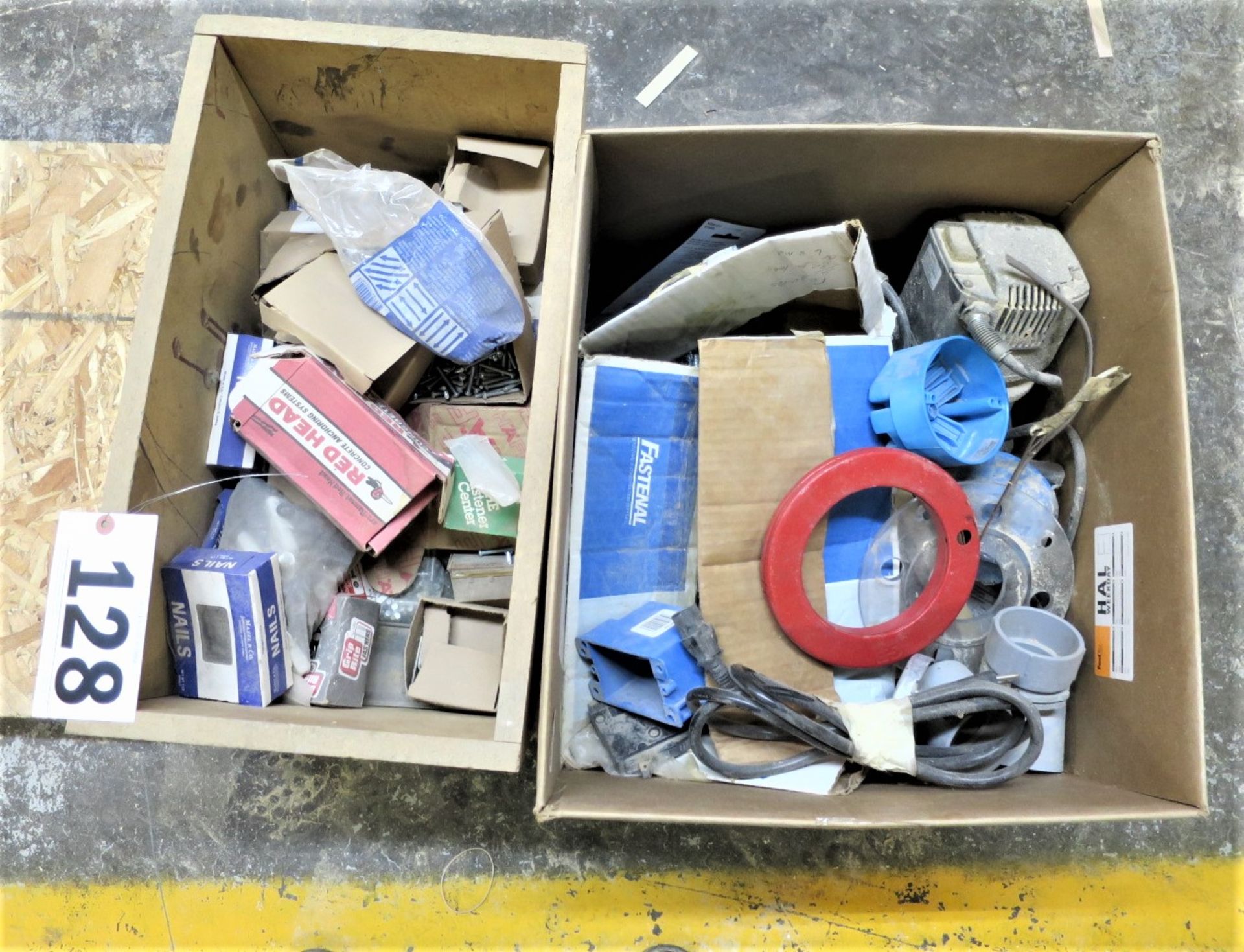 Pallet with (2) boxes of misc. tools including routers and hardware