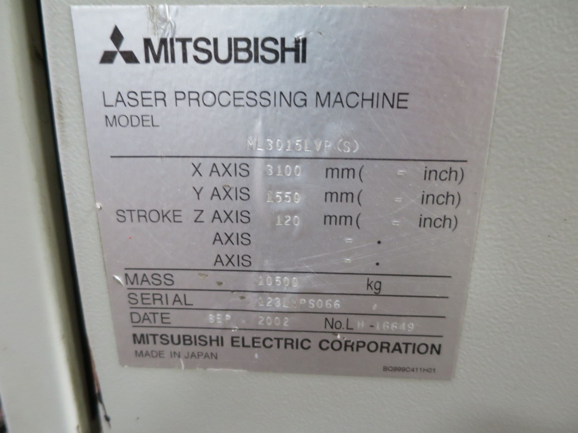 Mitsubishi ML3015 LVP(S) Laser Cutting Machine, S/N 123LVPS066, New 2002 - Image 15 of 15