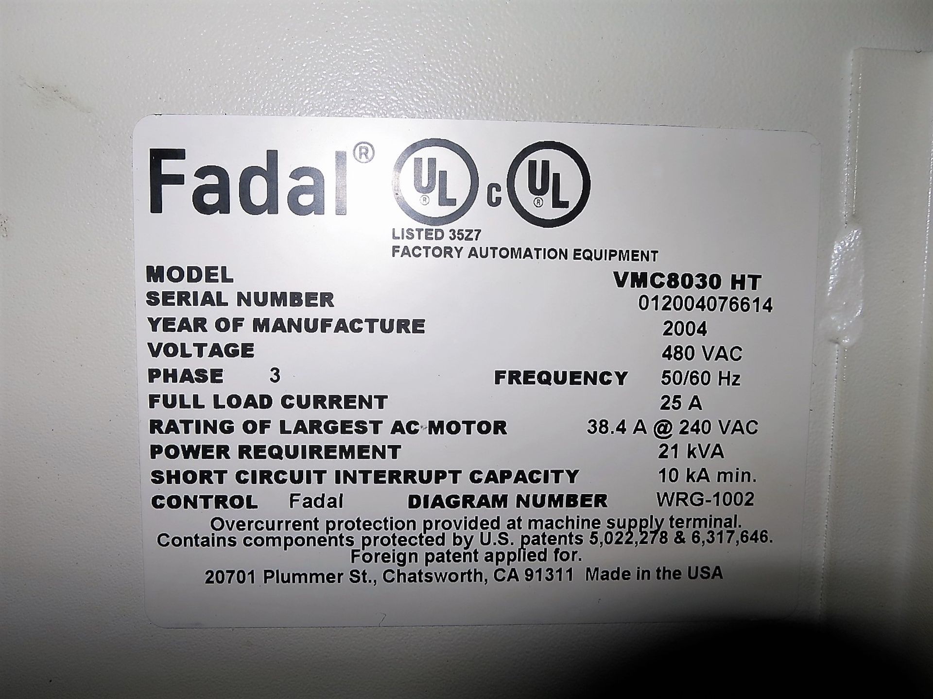 Fadal VMC 8030-HT CNC 3-Axis Vertical Machining Center, S/N 012004076614, New 2004 - Image 7 of 7