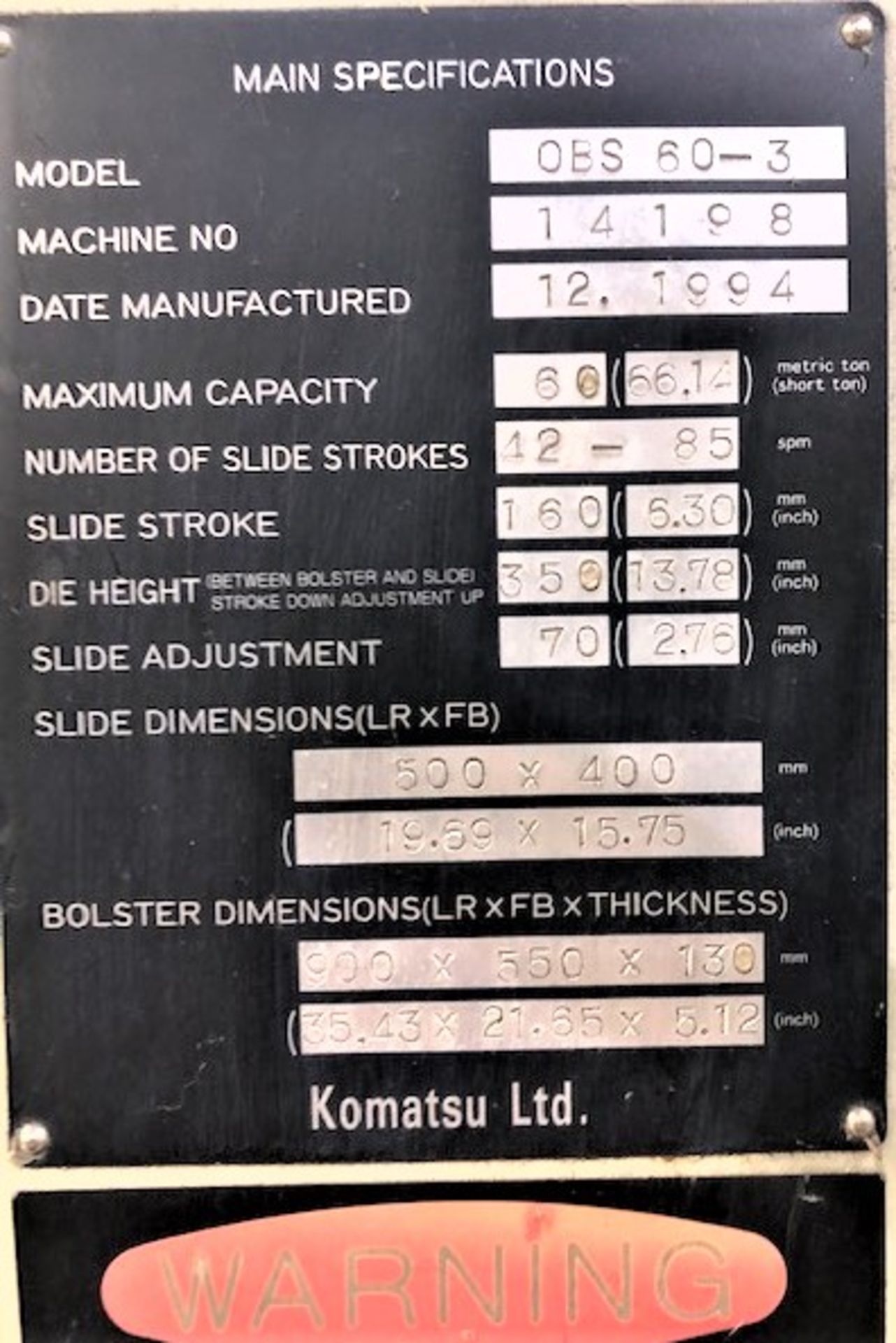 SOLD SOLD SOLD 60 Ton Komatsu OBS-60-3 Gap Bed Press w/4 Station Rotary Table, S/N 14198, New 1994 - Image 10 of 10