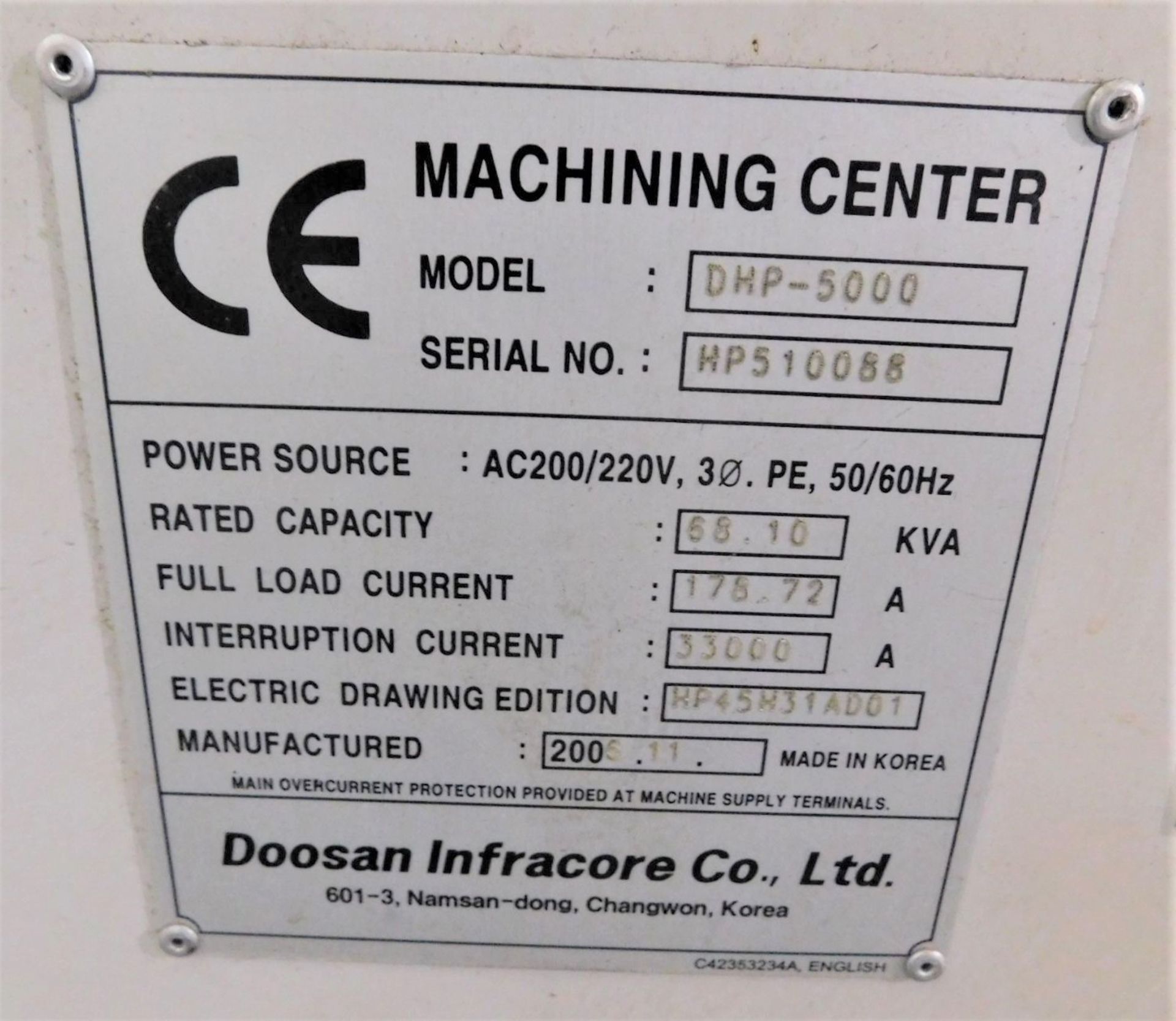 20"x20" Doosan DHP-5000 CNC 4-Axis Horizontal Machining Center, S/N HP510088, New 2007 - Image 10 of 20