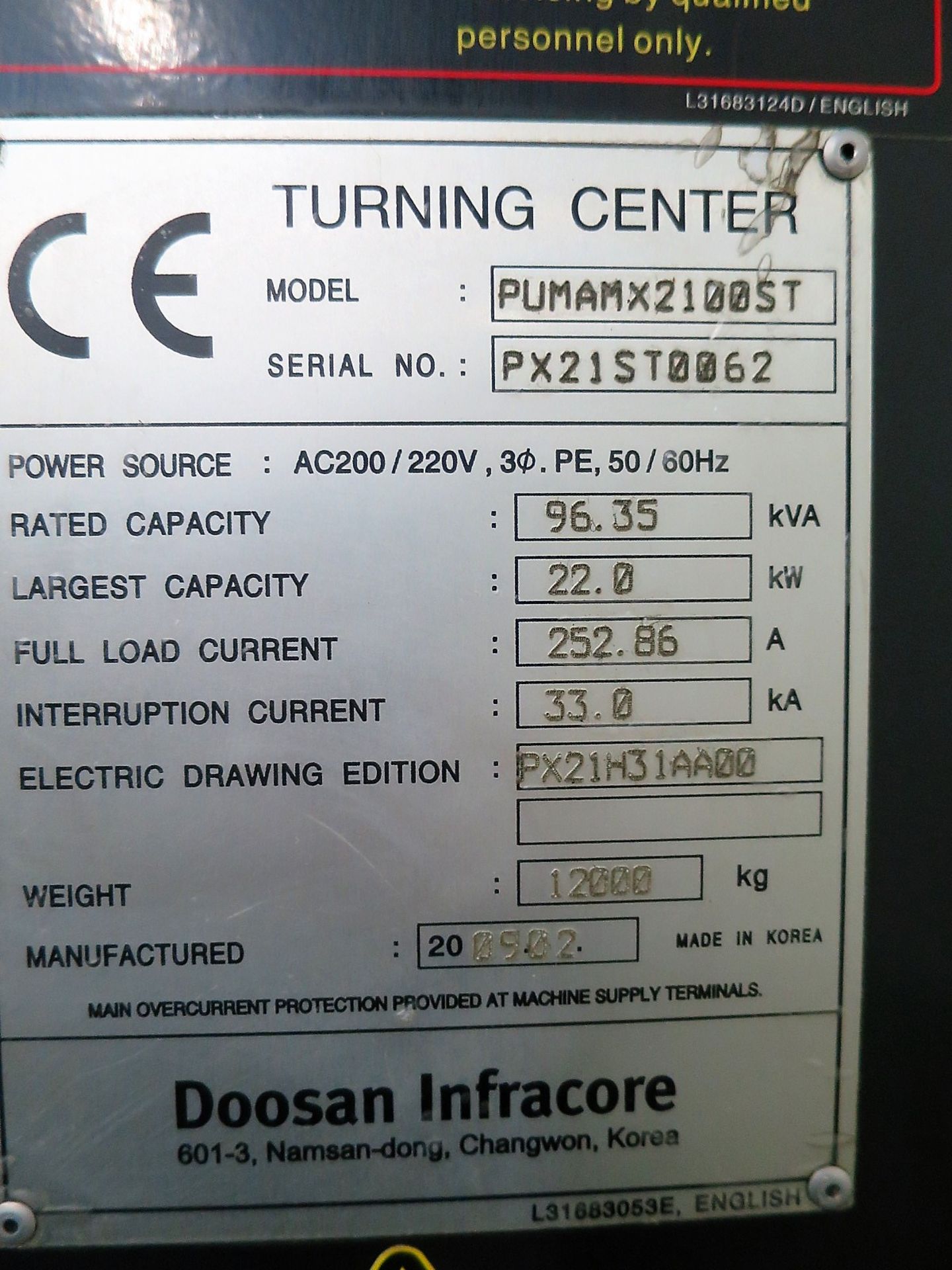 Doosan MX2100ST Multi Axis Mill Turning Center, S/N PX21ST0062, New 2009 - Image 11 of 13