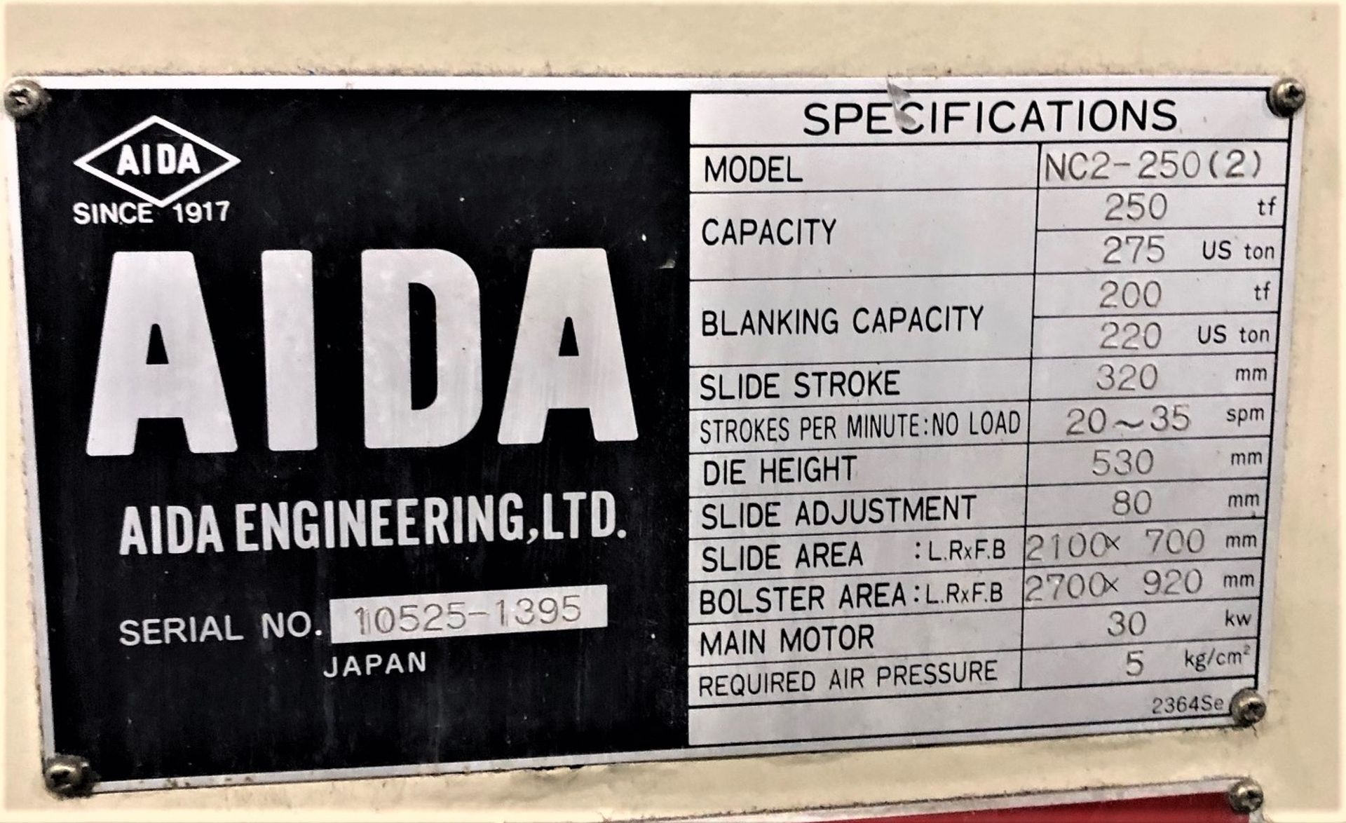 275 Ton Aida Gap Frame Press, S/N 10525-1395, New 1995 - Image 8 of 8