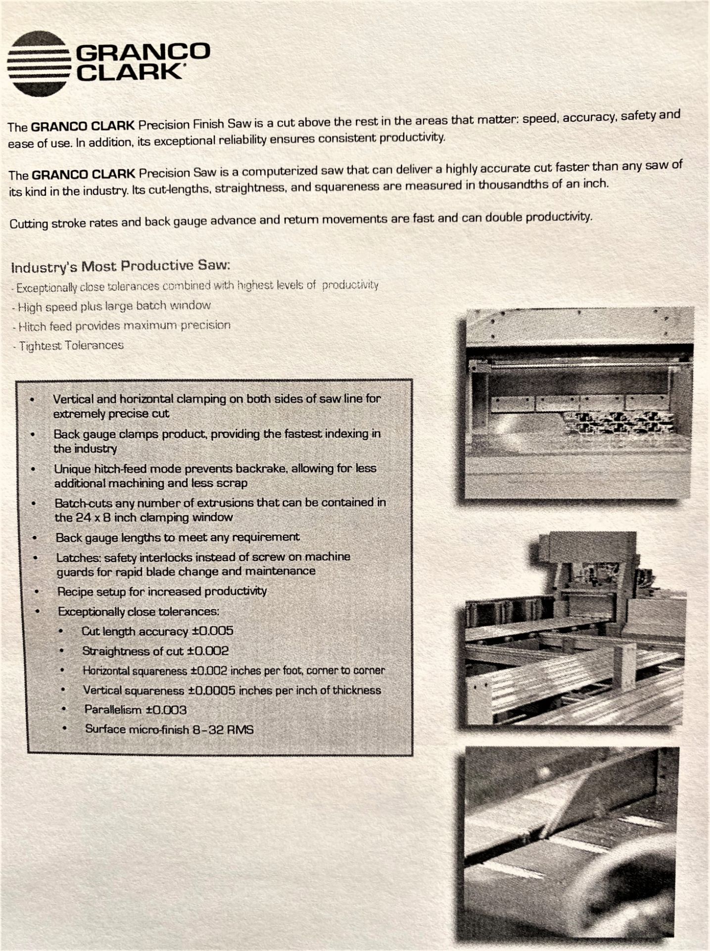 8"x24" Granco Clark Precision Saw for High Accuracy Aluminum Extrusion Cutoff, S/N 13446, New 2003 - Image 5 of 5