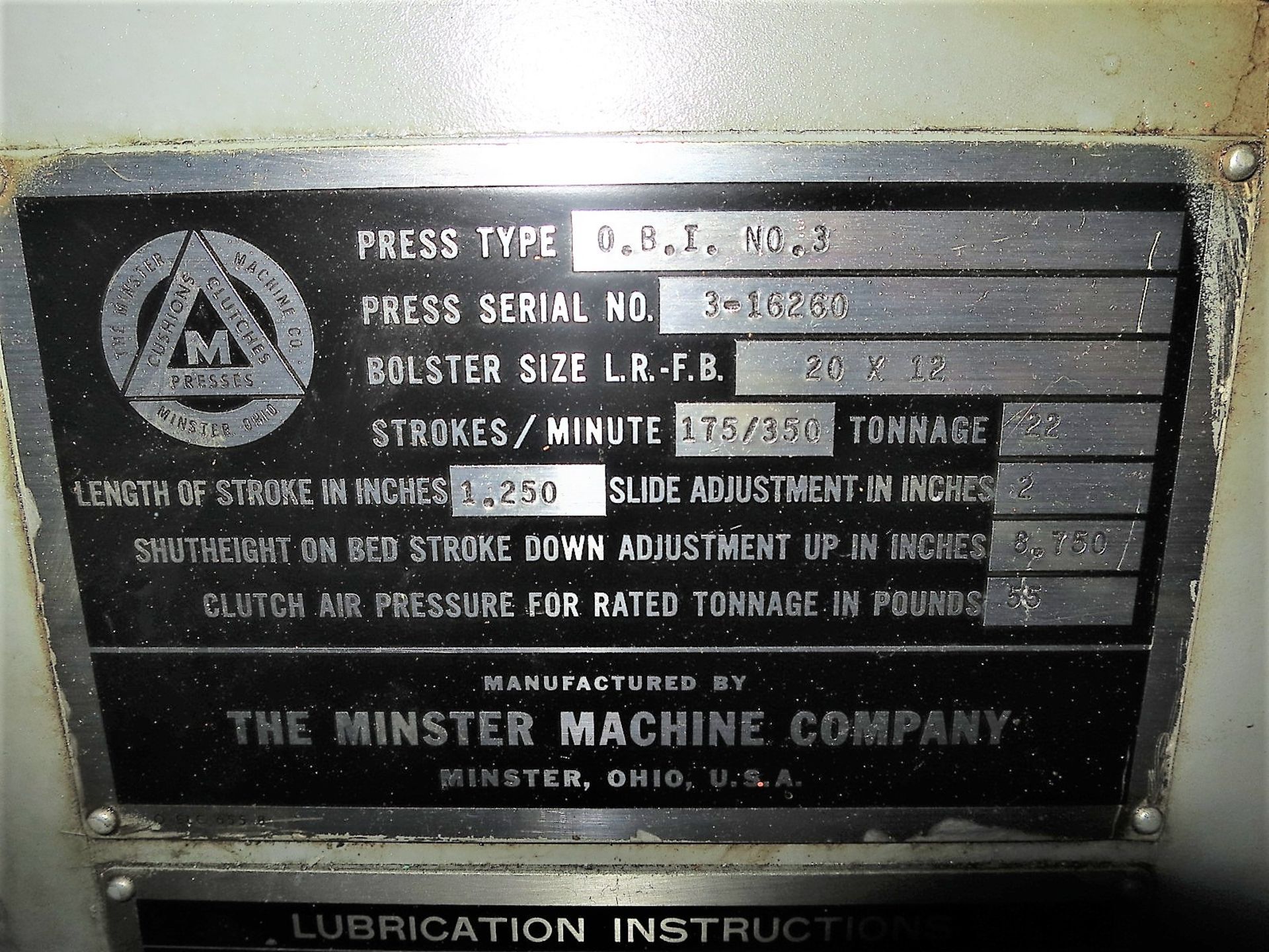 22 Ton Minster #3 High Speed OBI Press, S/N 16260 - Image 3 of 6