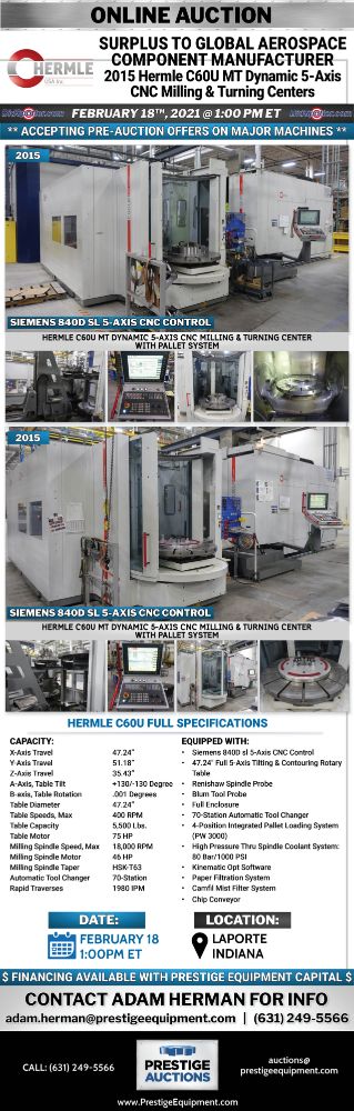 Surplus to Global Aerospace Component Manufacturer - 2015 Hermle C60U MT Dynamic 5-Axis CNC Milling & Turning Centers