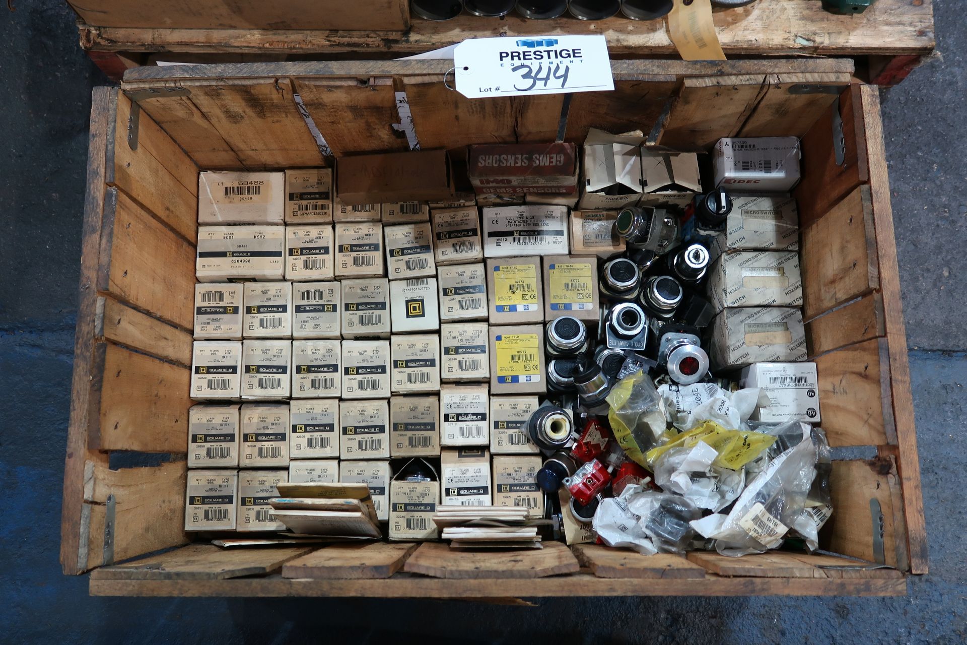 Pallet of Square D Push Buttons, Allen-Bradley Push Buttons, & Honeywell Micro Switches