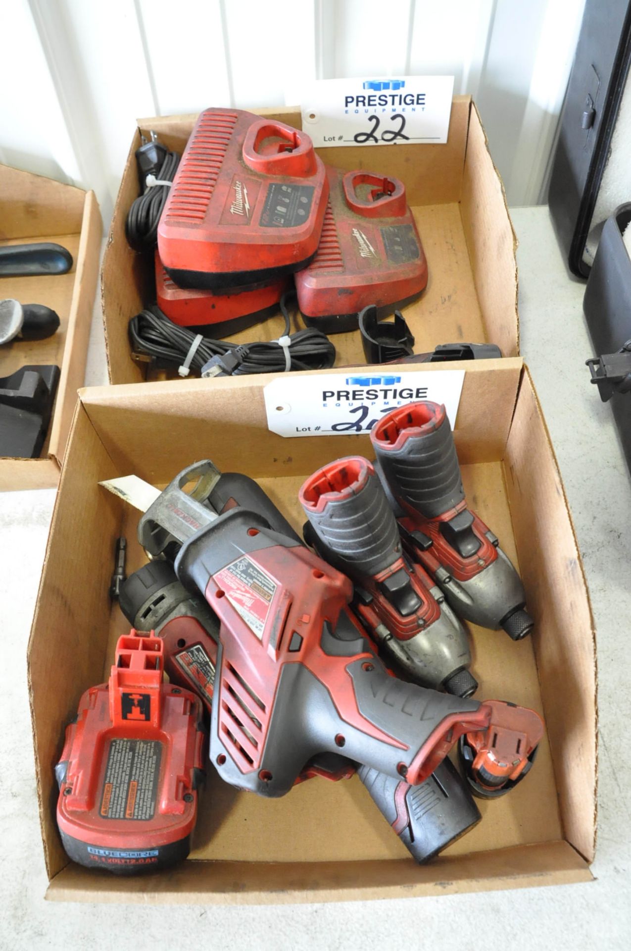 Lot-(5) Various Milwaukee 12-Volt Cordless Tools with (3) Chargers and (3) Batteries in (2) Boxes, (