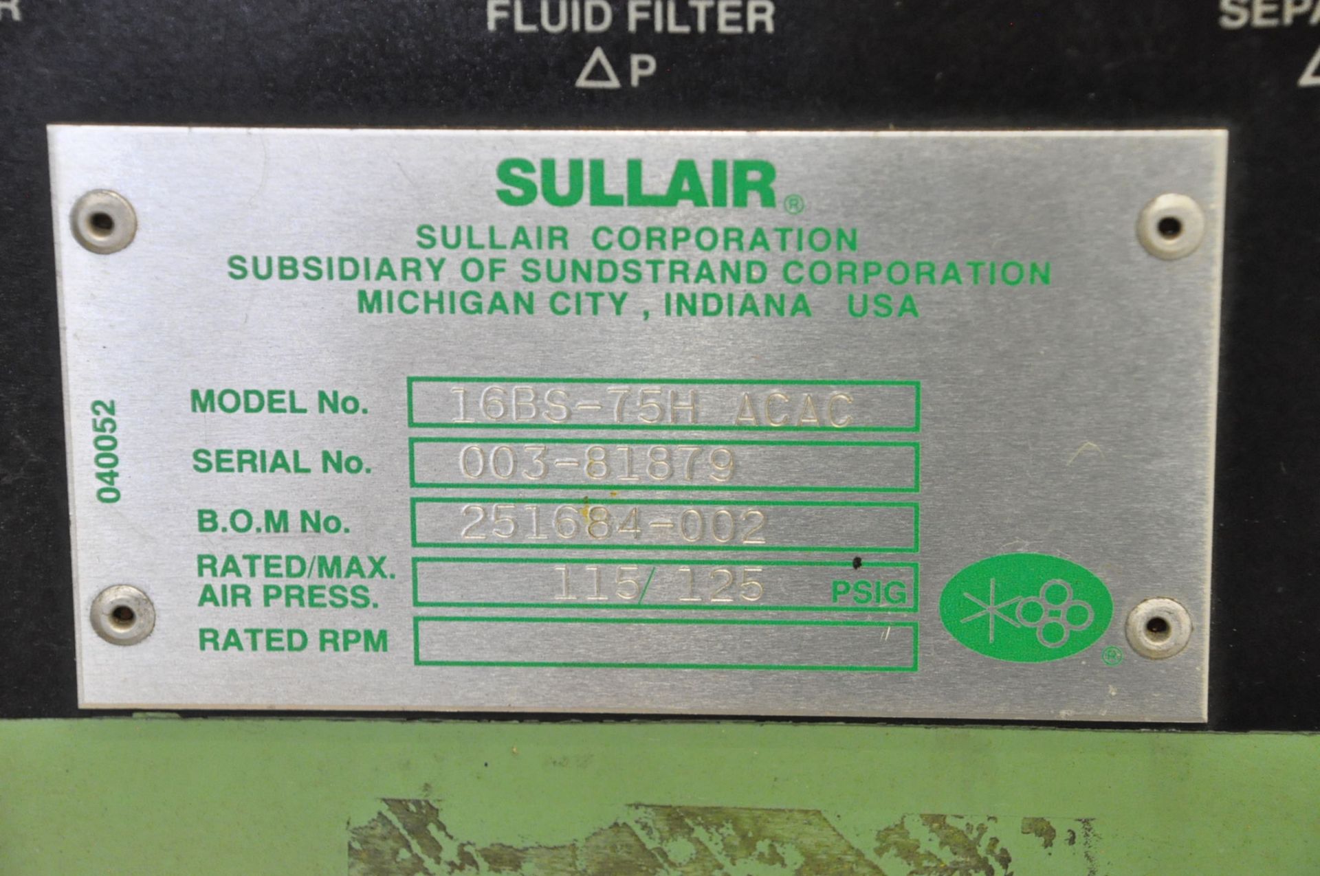 Sullair 16-75, Skid Mounted Rotary Screw Air Compressor, - Image 6 of 6